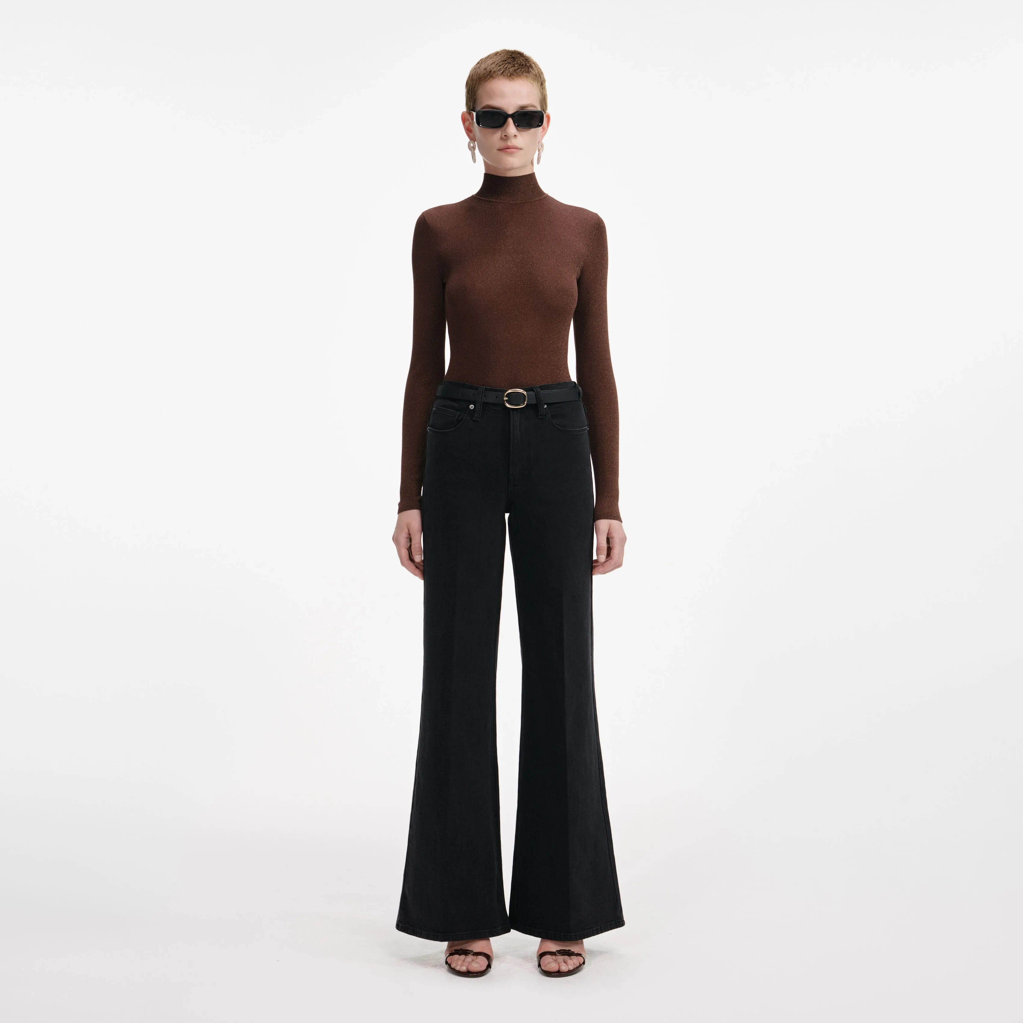 Brown Metallic Viscose Knit Top Self Portrait