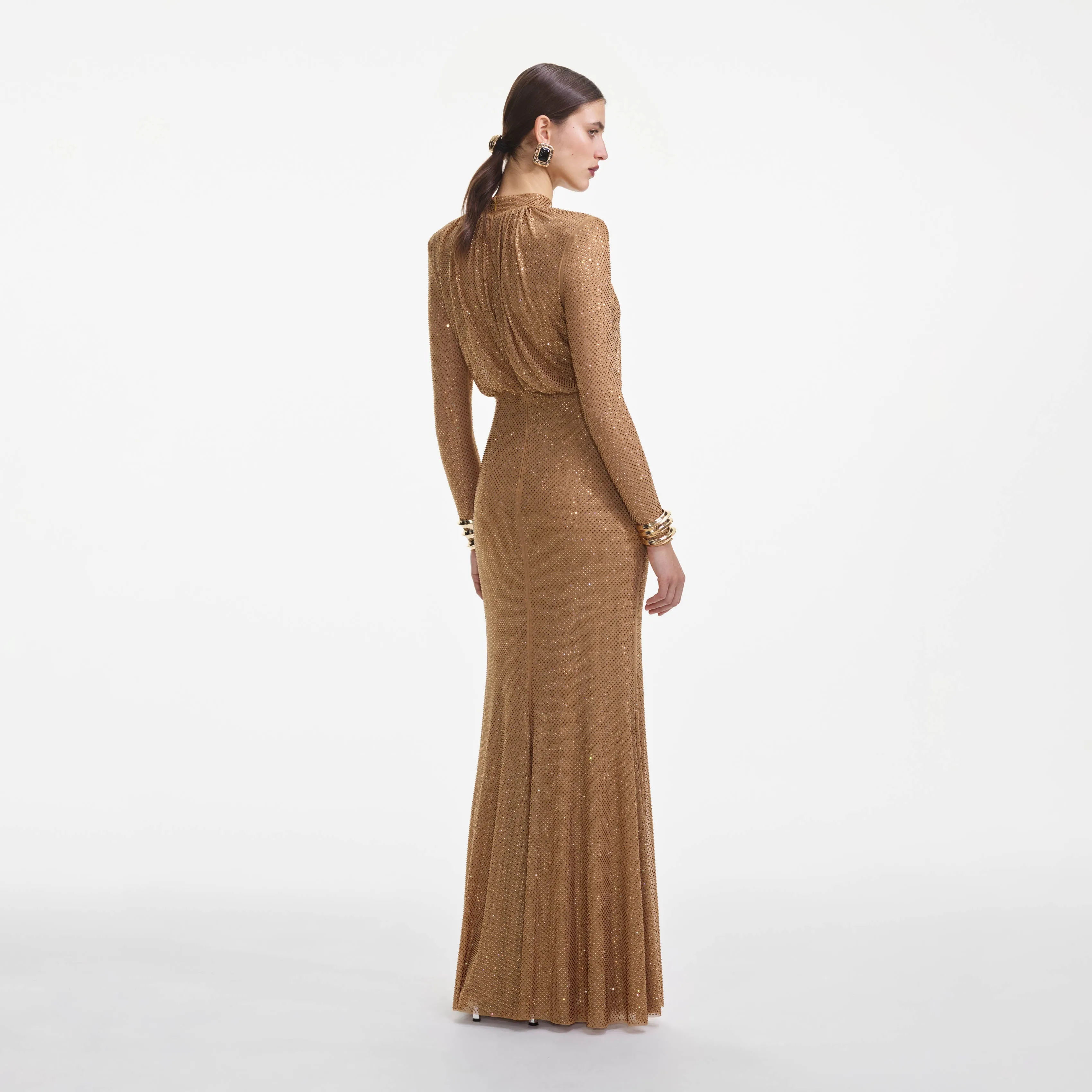 Brown Rhinestone Gathered Maxi Dress Self Portrait