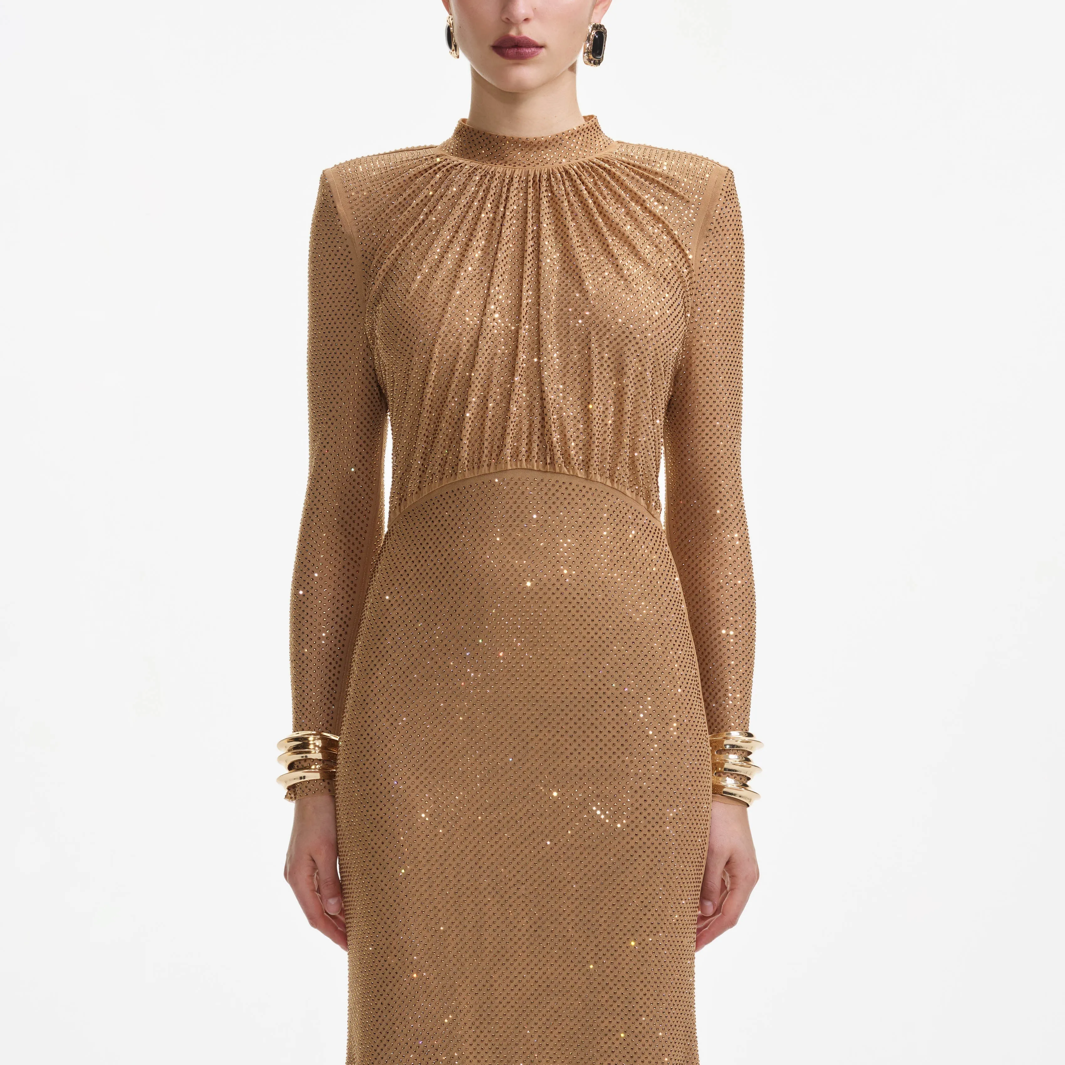Brown Rhinestone Gathered Maxi Dress Self Portrait
