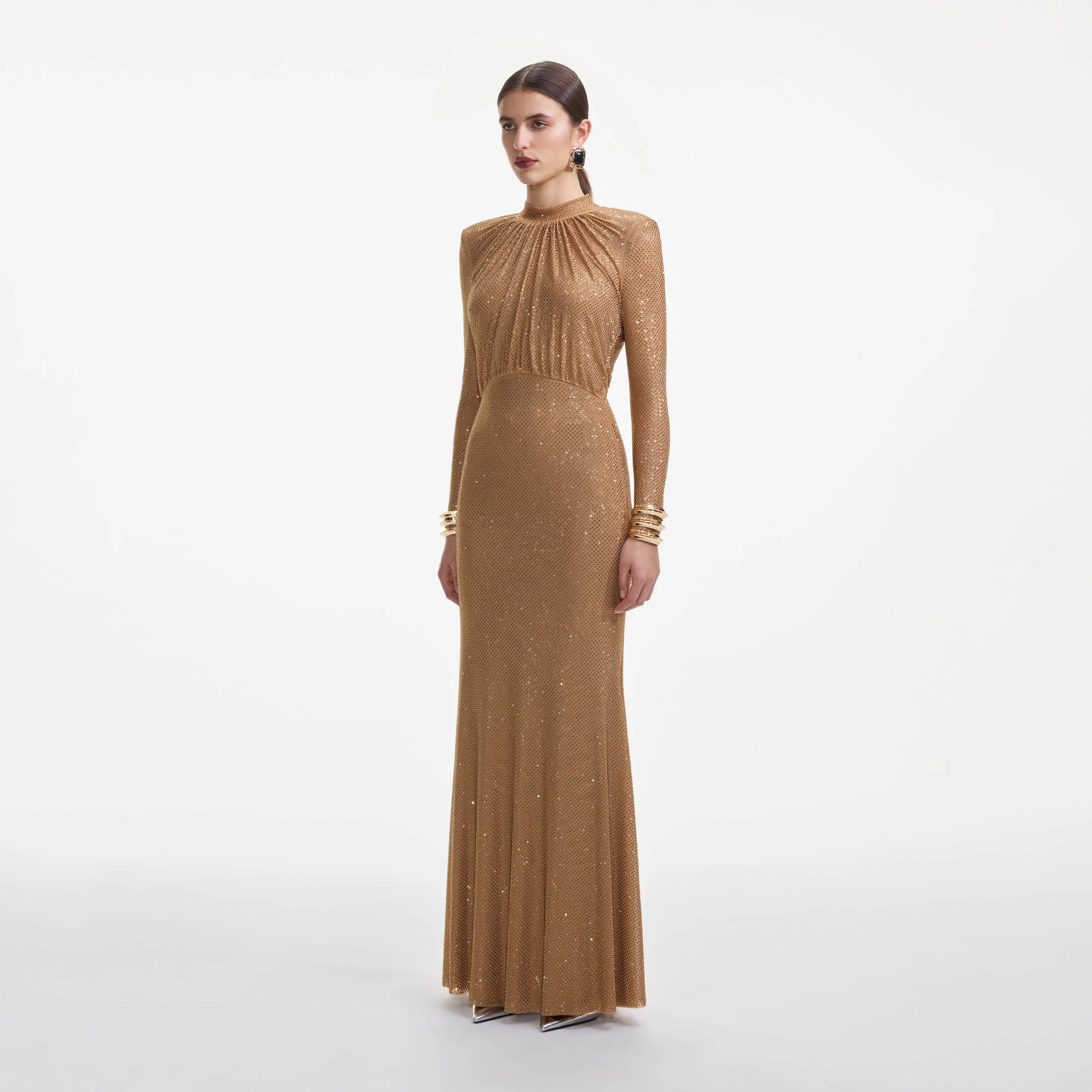 Brown Rhinestone Gathered Maxi Dress Self Portrait