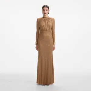 Brown Rhinestone Gathered Maxi Dress Self Portrait