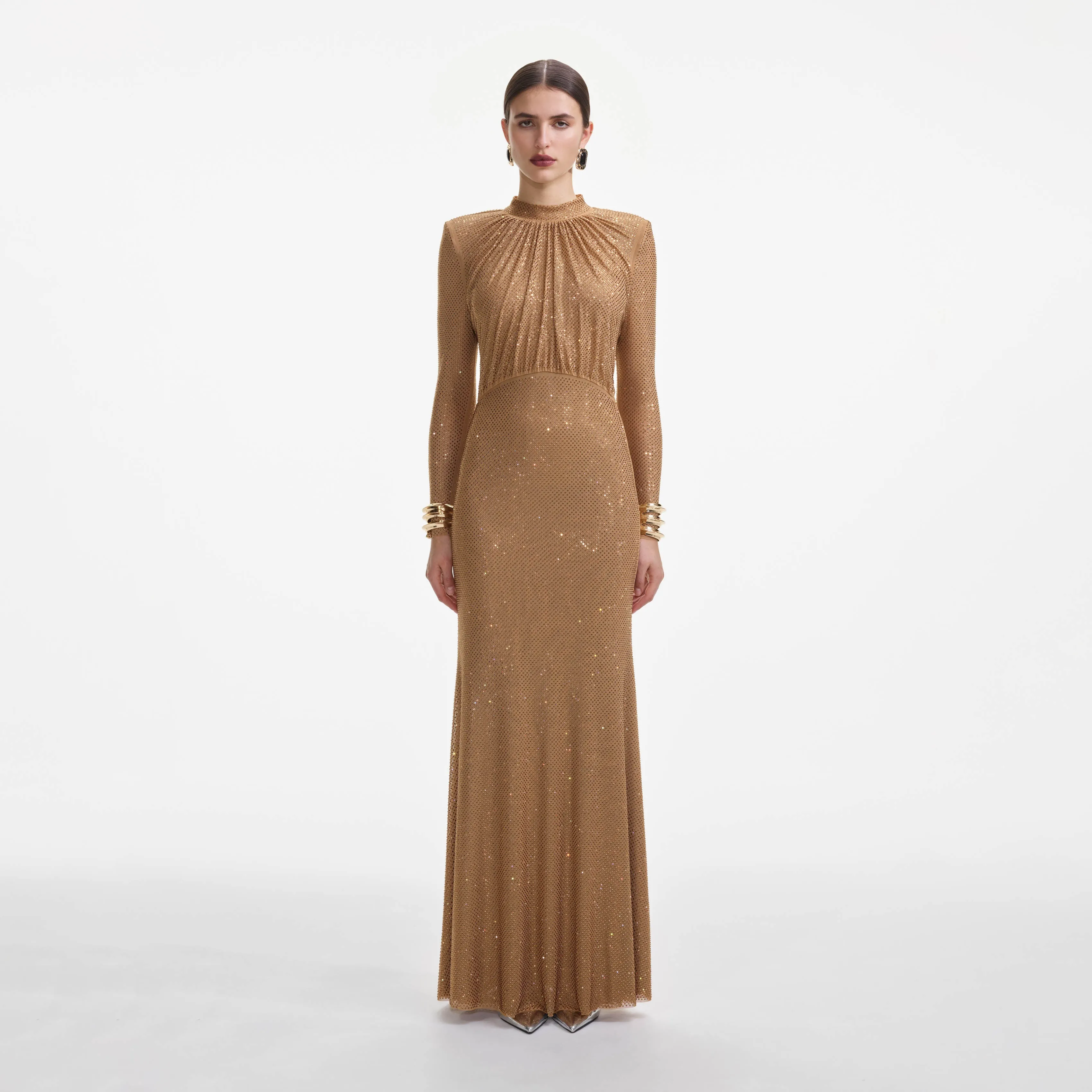 Brown Rhinestone Gathered Maxi Dress Self Portrait