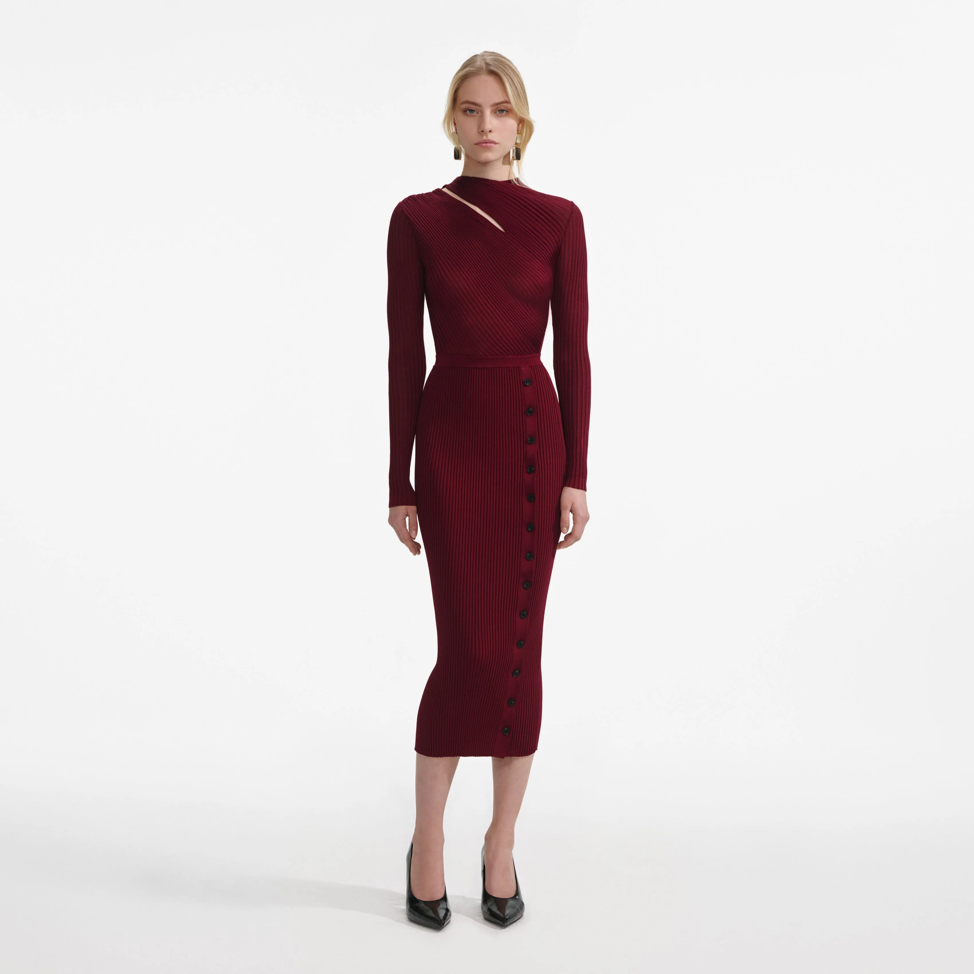 Burgundy Cut Out Rib Knit Midi Dress Self Portrait