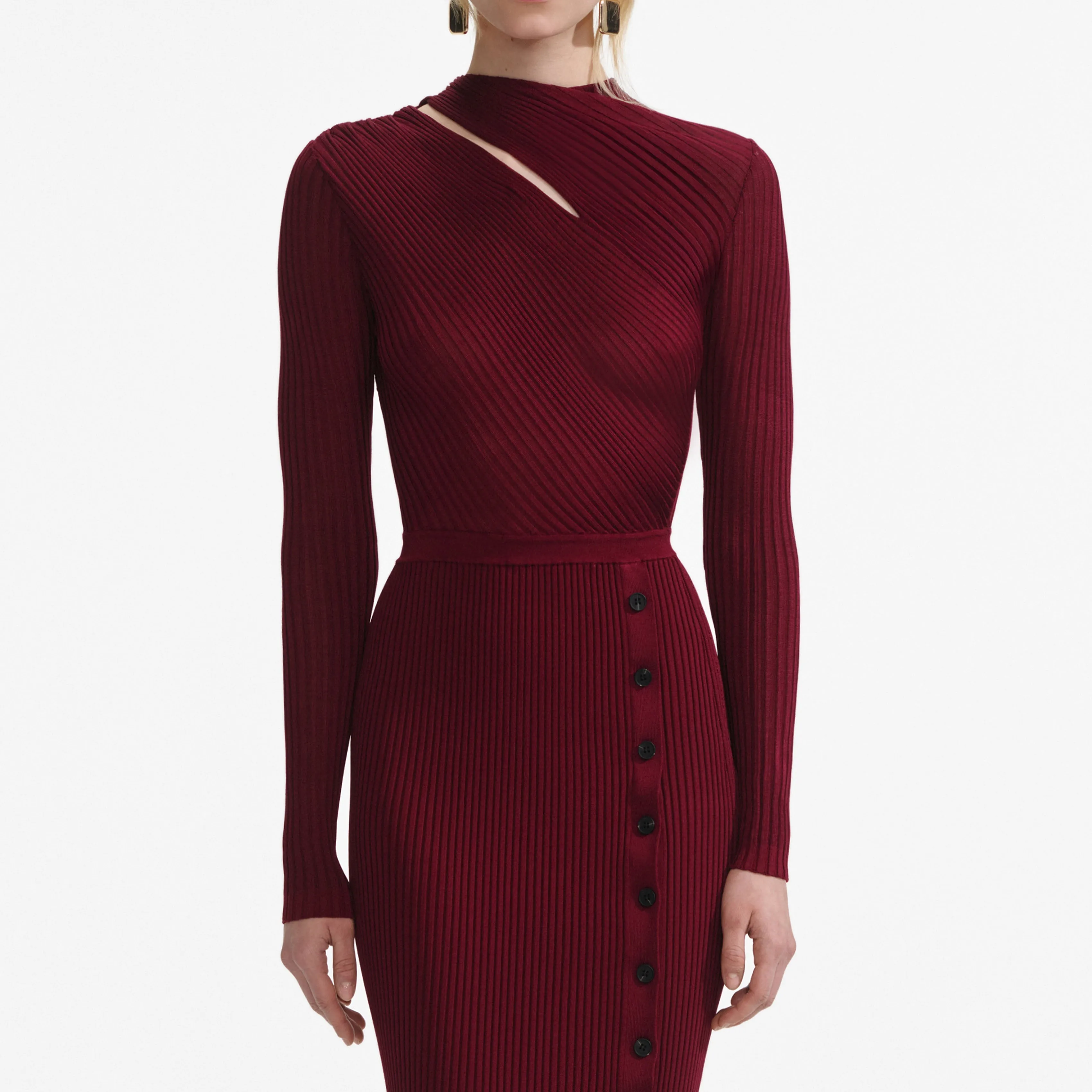 Burgundy Cut Out Rib Knit Midi Dress Self Portrait