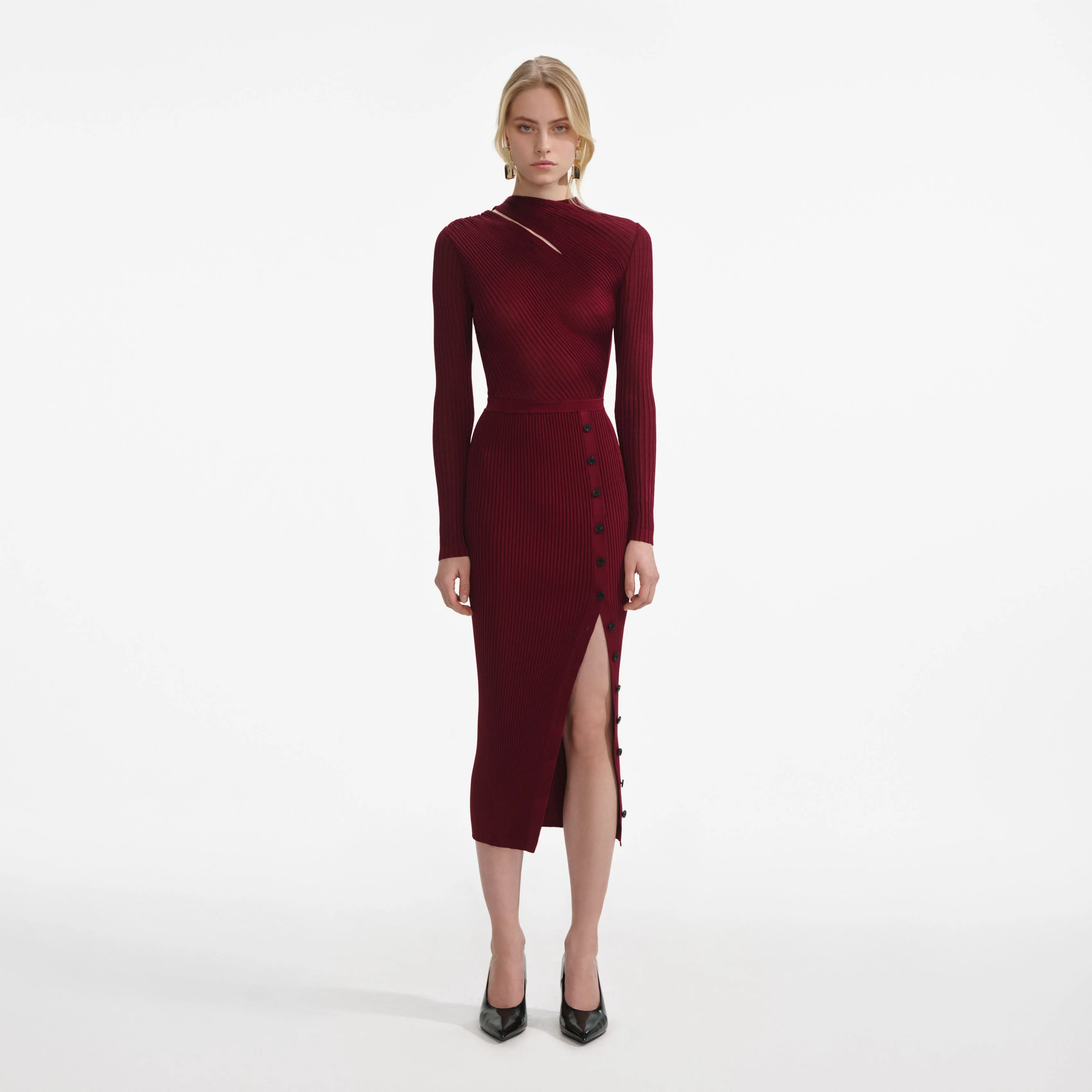 Burgundy Cut Out Rib Knit Midi Dress Self Portrait