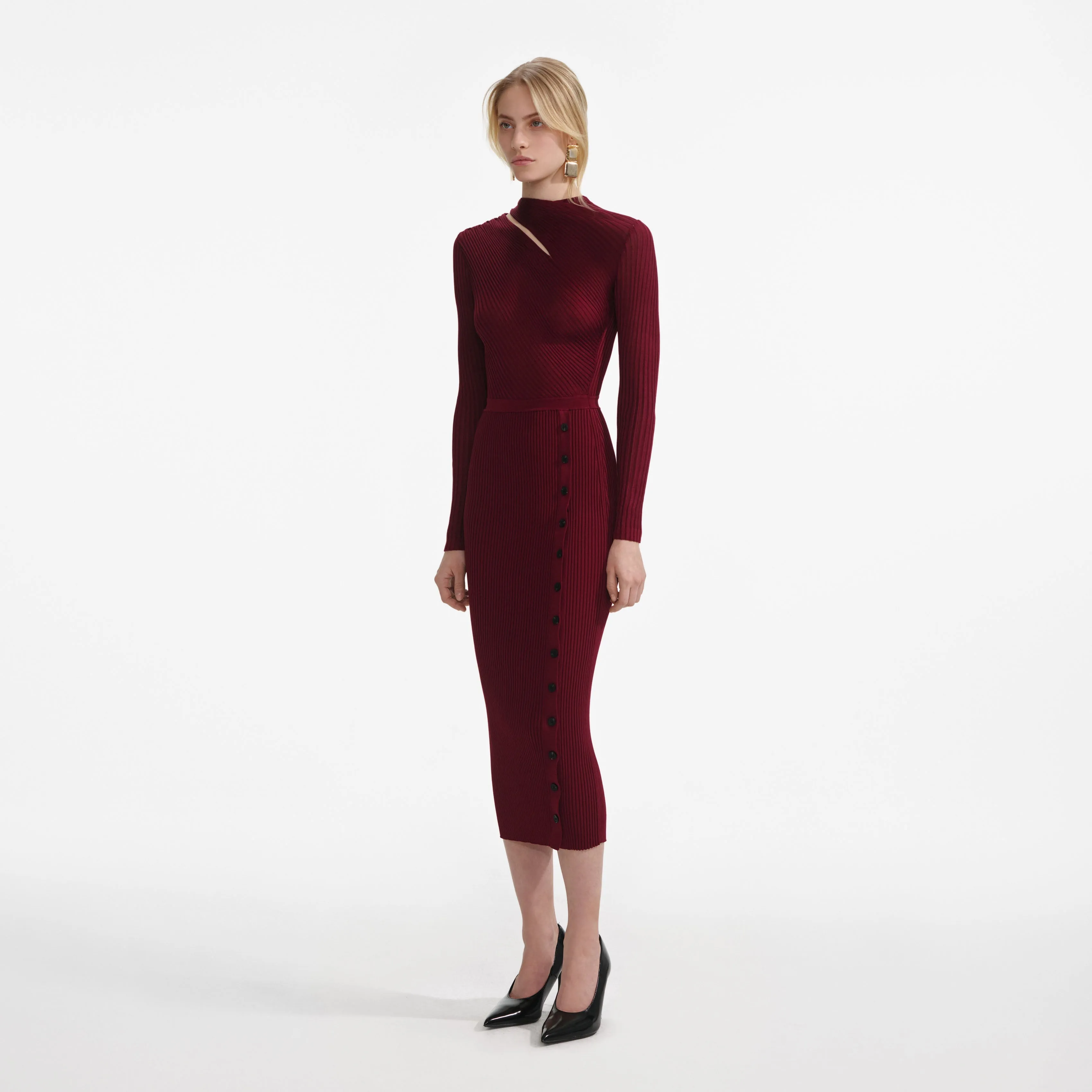 Burgundy Cut Out Rib Knit Midi Dress Self Portrait