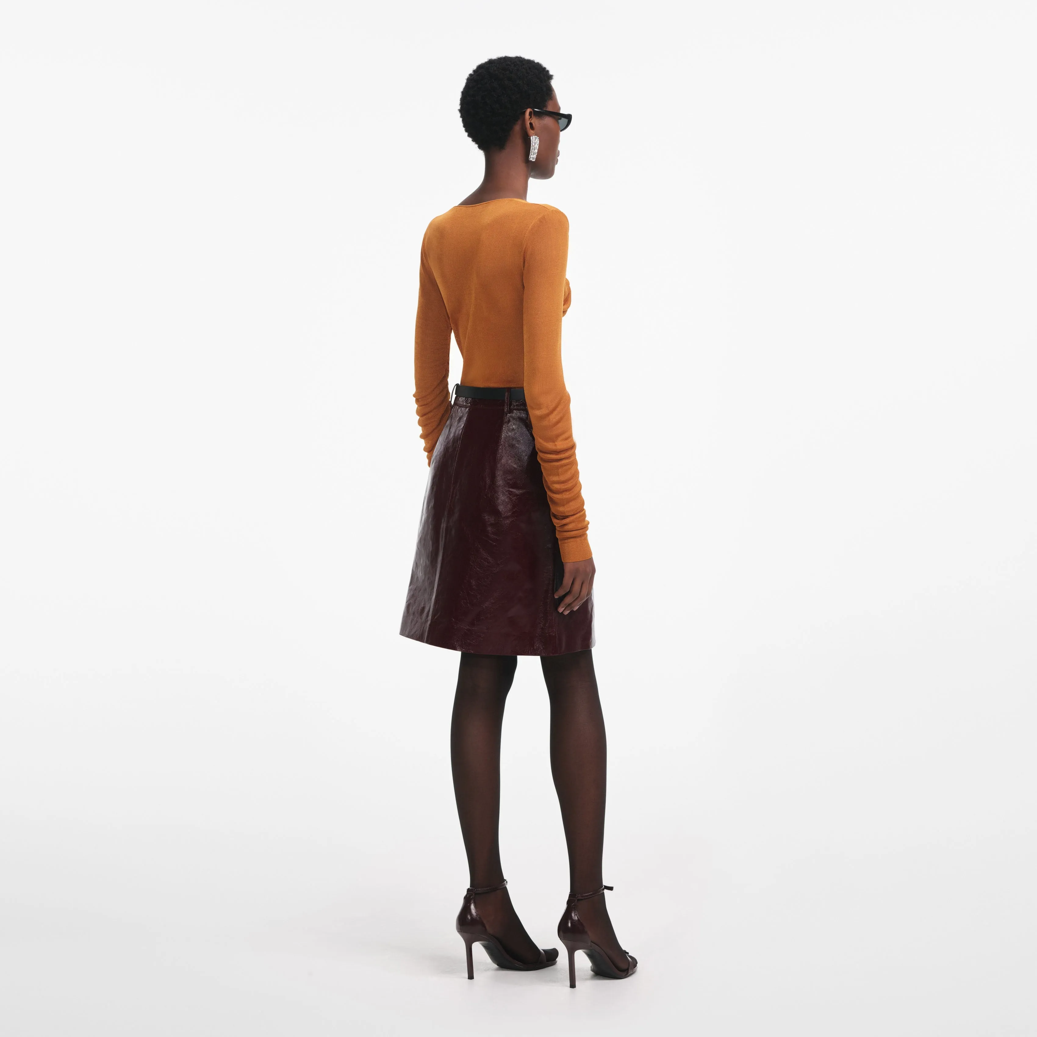 Burnt Orange V Neck Viscose Knit Top Self Portrait