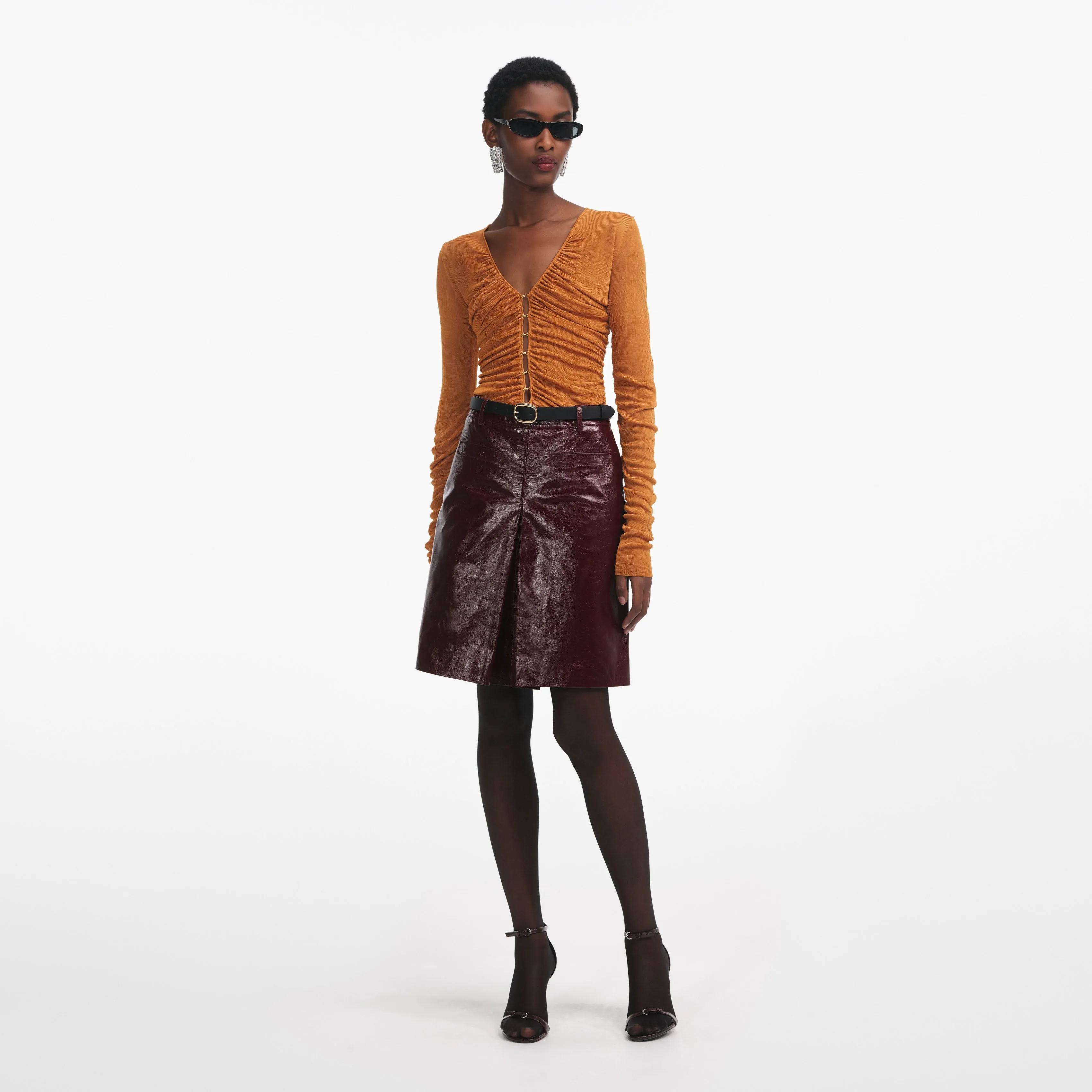 Burnt Orange V Neck Viscose Knit Top Self Portrait