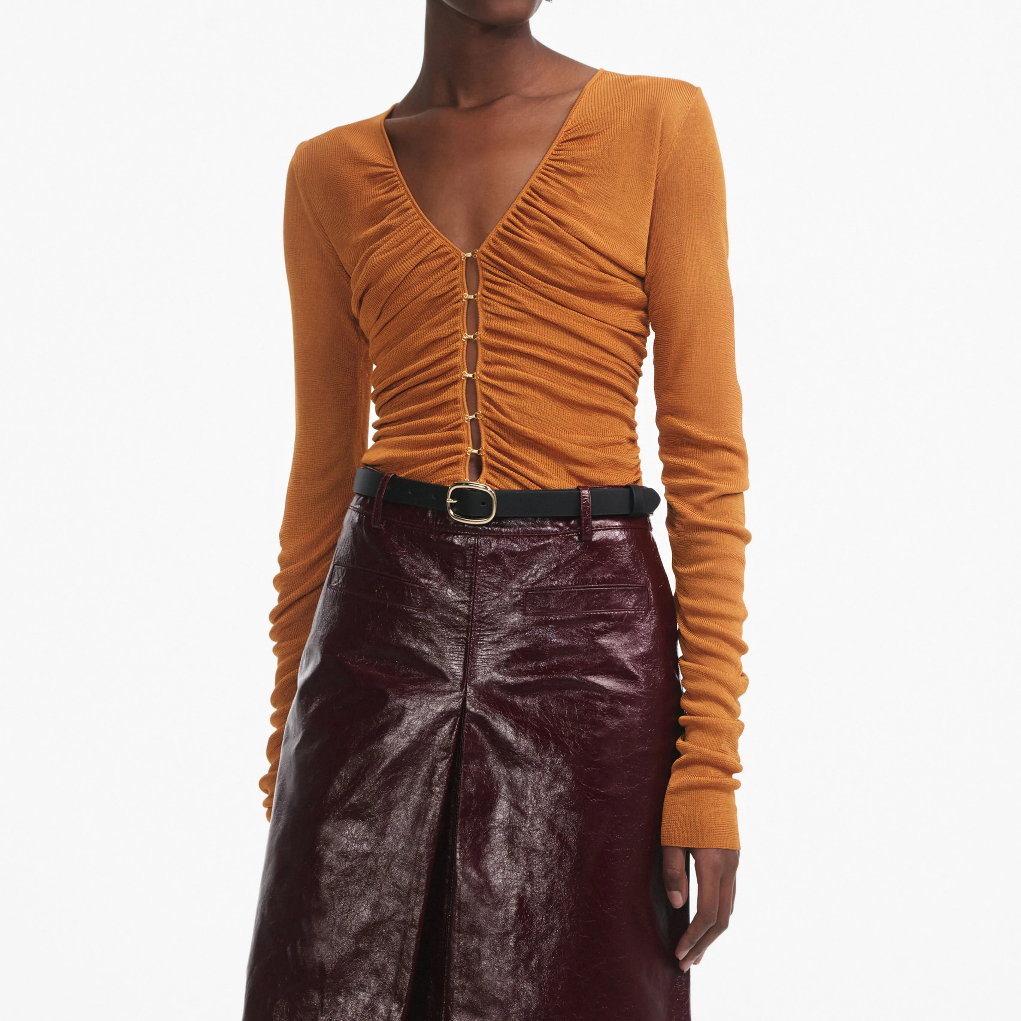 Burnt Orange V Neck Viscose Knit Top Self Portrait