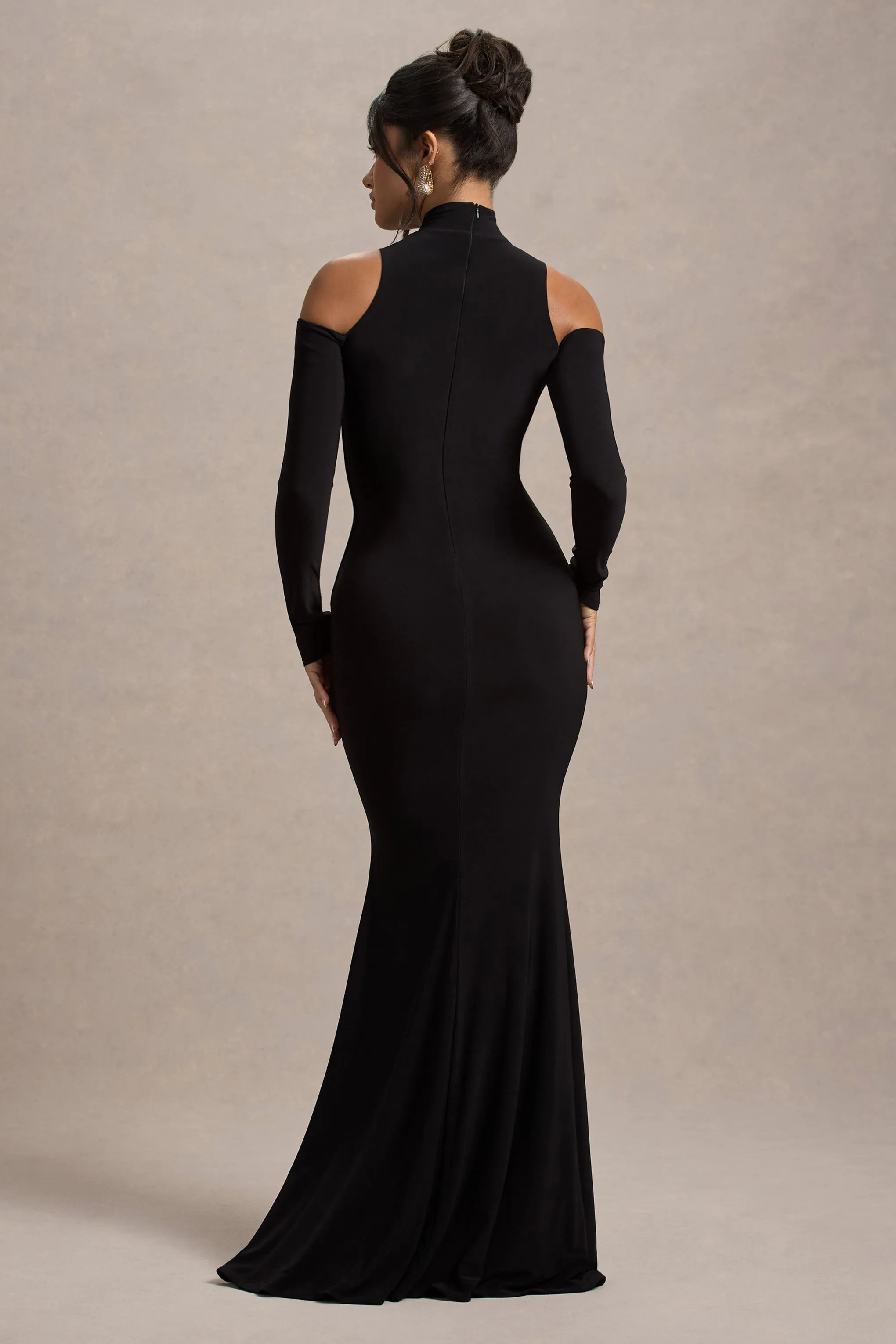 Catarina | Black Turtle-Neck Long-Sleeve Maxi Dress With Cold Shoulders Club L London