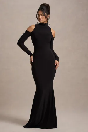 Catarina | Black Turtle-Neck Long-Sleeve Maxi Dress With Cold Shoulders Club L London