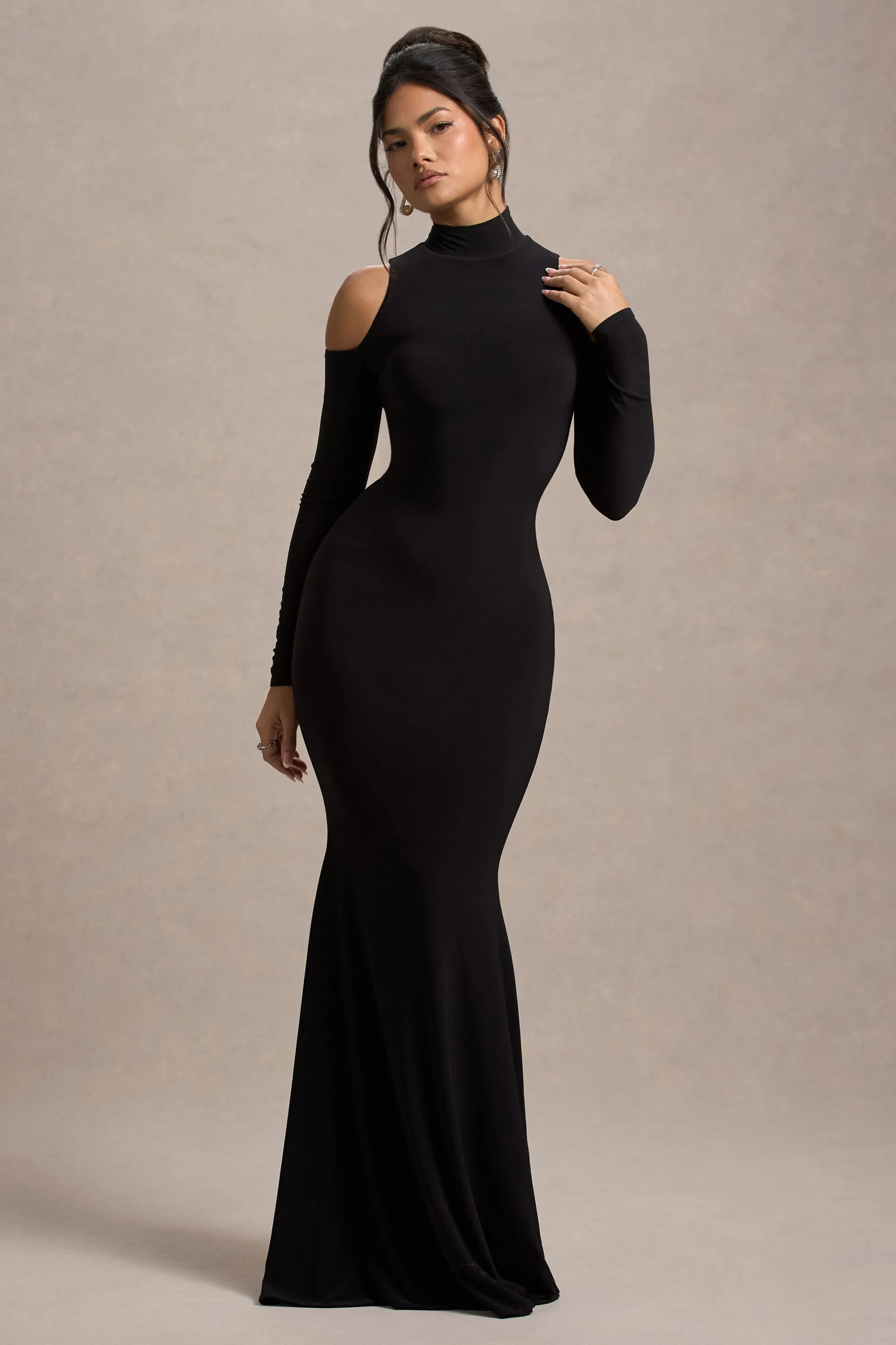 Catarina | Black Turtle-Neck Long-Sleeve Maxi Dress With Cold Shoulders Club L London
