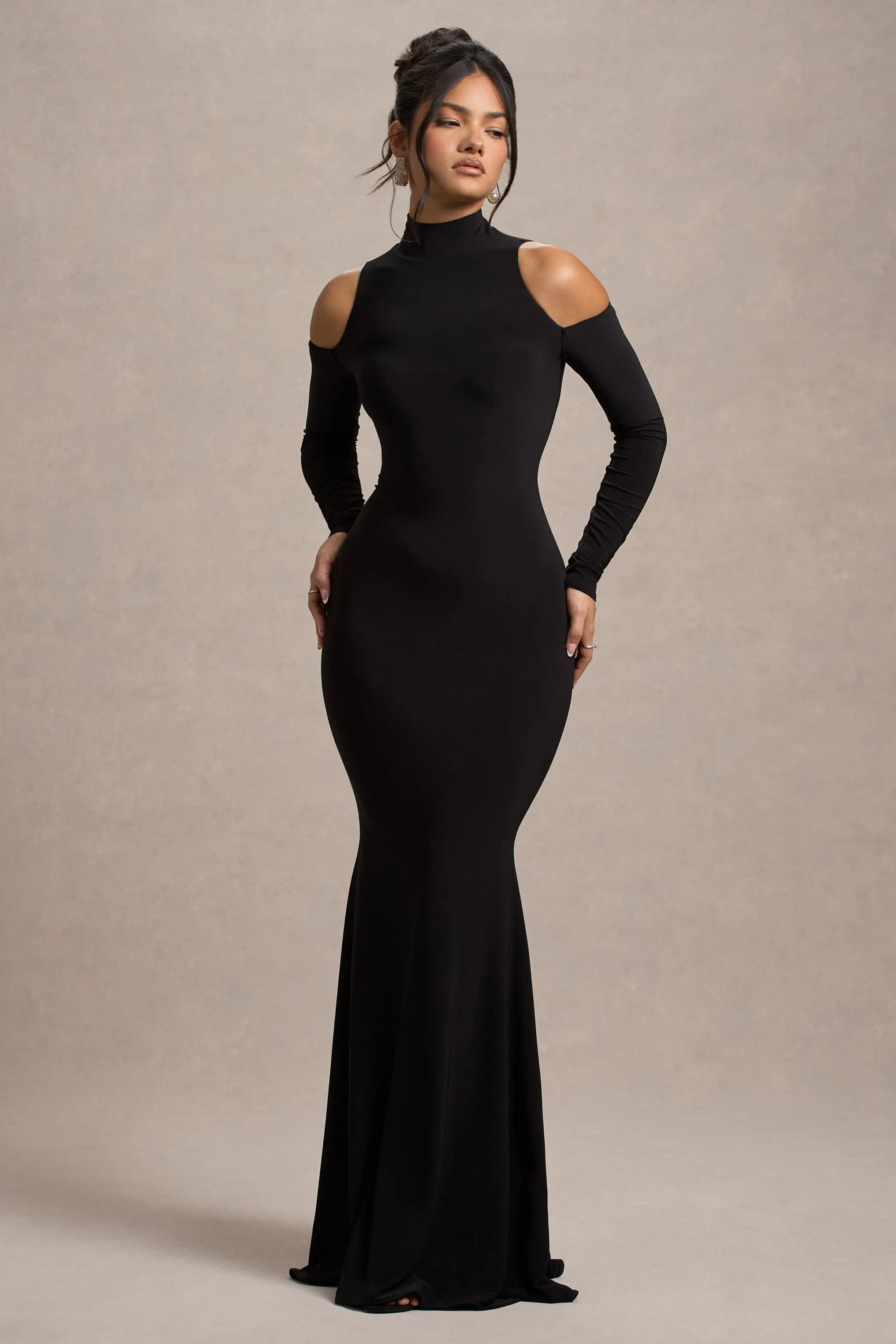 Catarina | Black Turtle-Neck Long-Sleeve Maxi Dress With Cold Shoulders Club L London