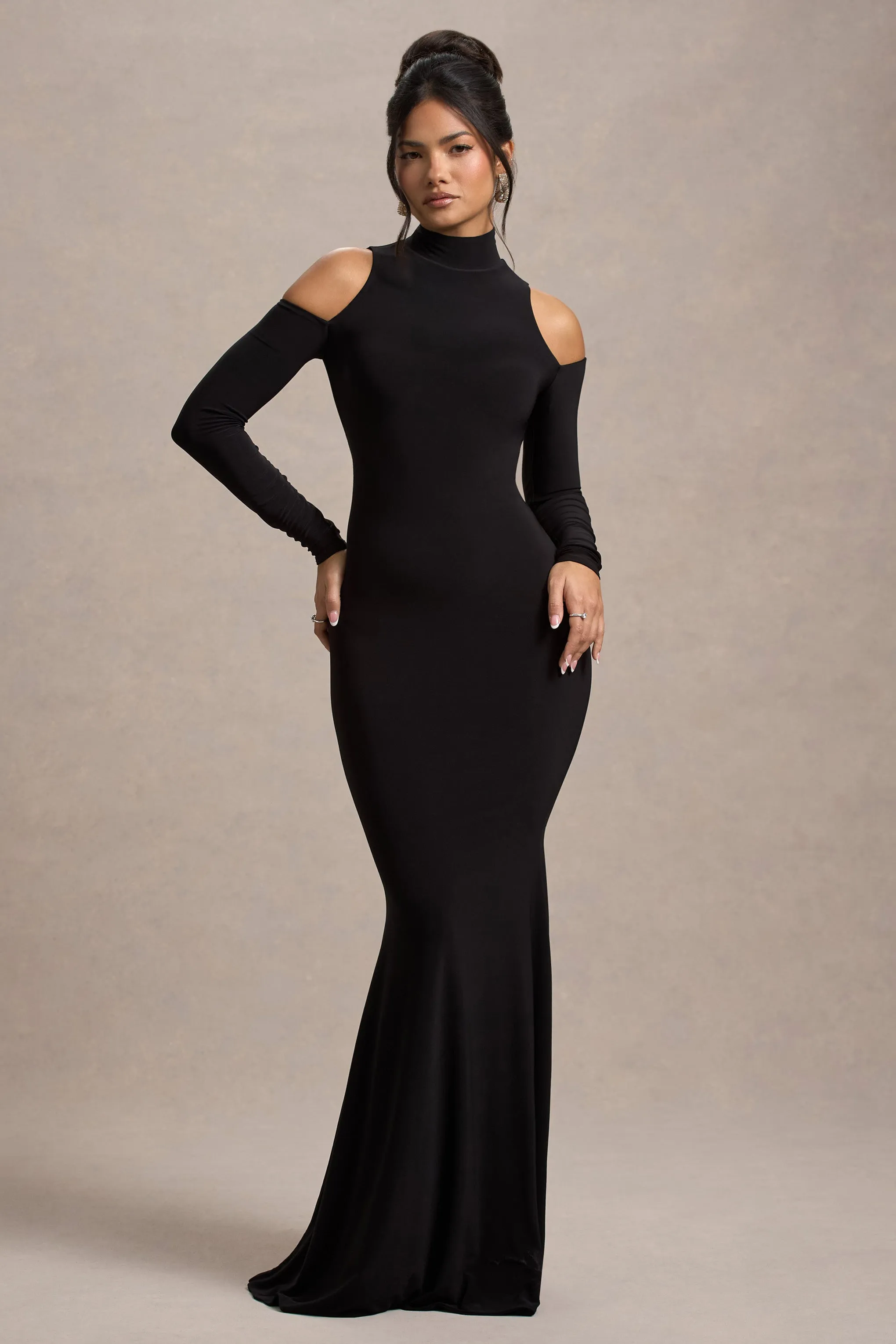 Catarina | Black Turtle-Neck Long-Sleeve Maxi Dress With Cold Shoulders Club L London