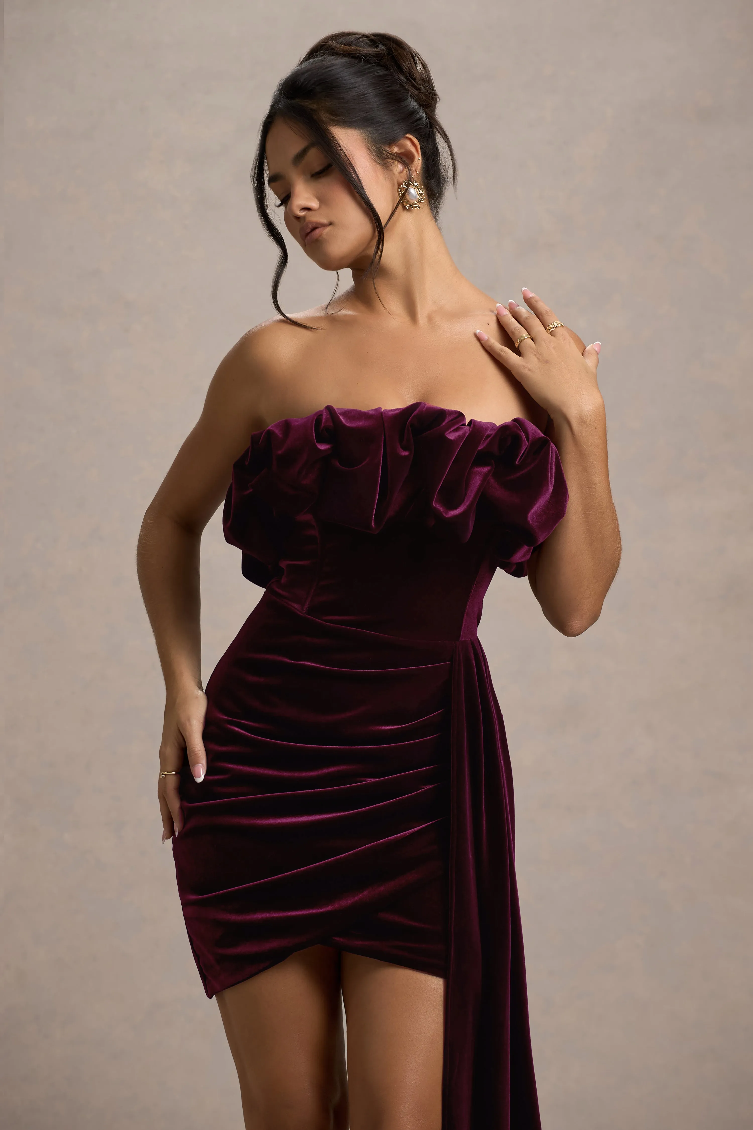 Ceronne | Plum Velvet Bandeau Mini Dress With Drape Club L London