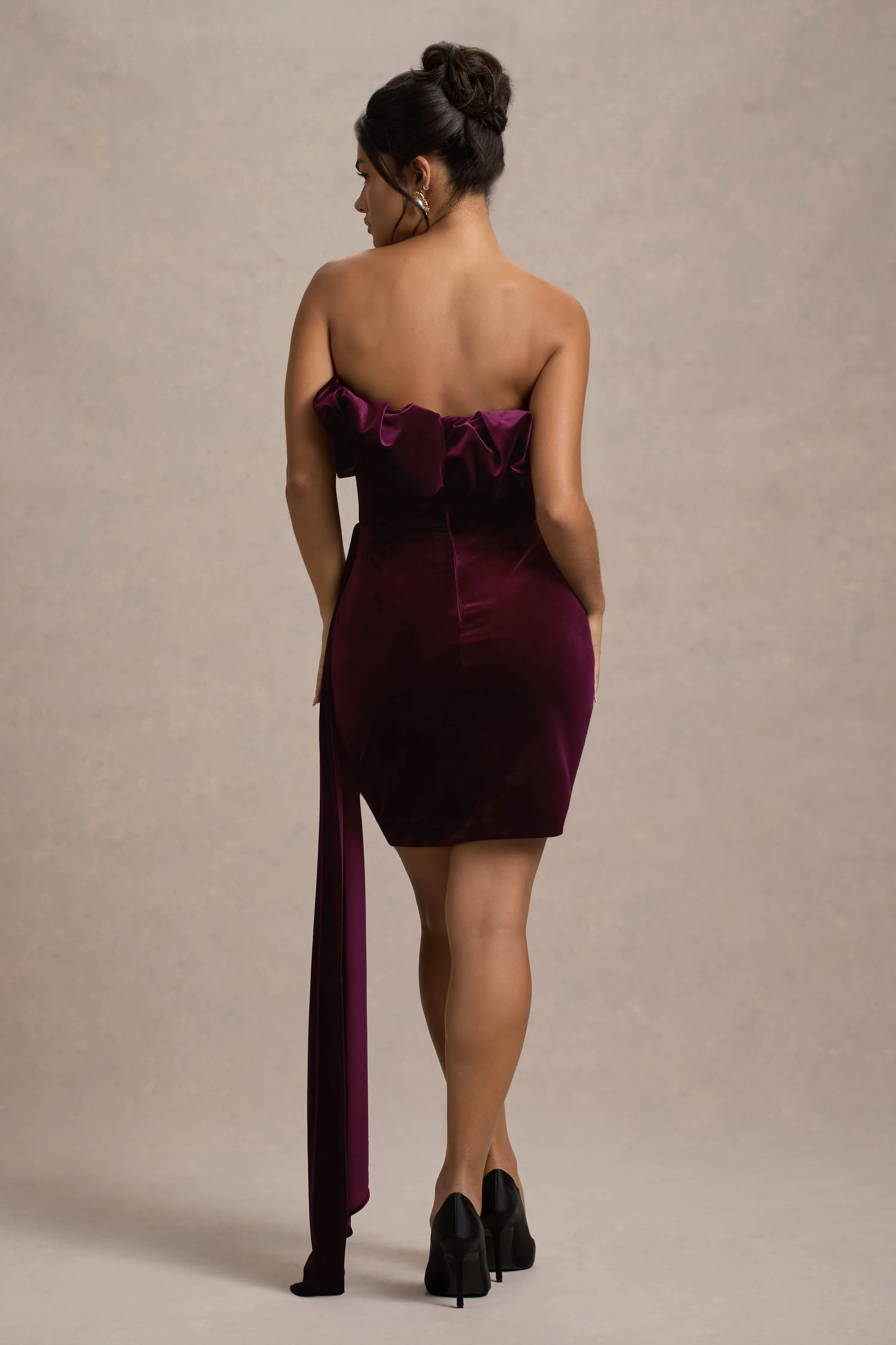 Ceronne | Plum Velvet Bandeau Mini Dress With Drape Club L London