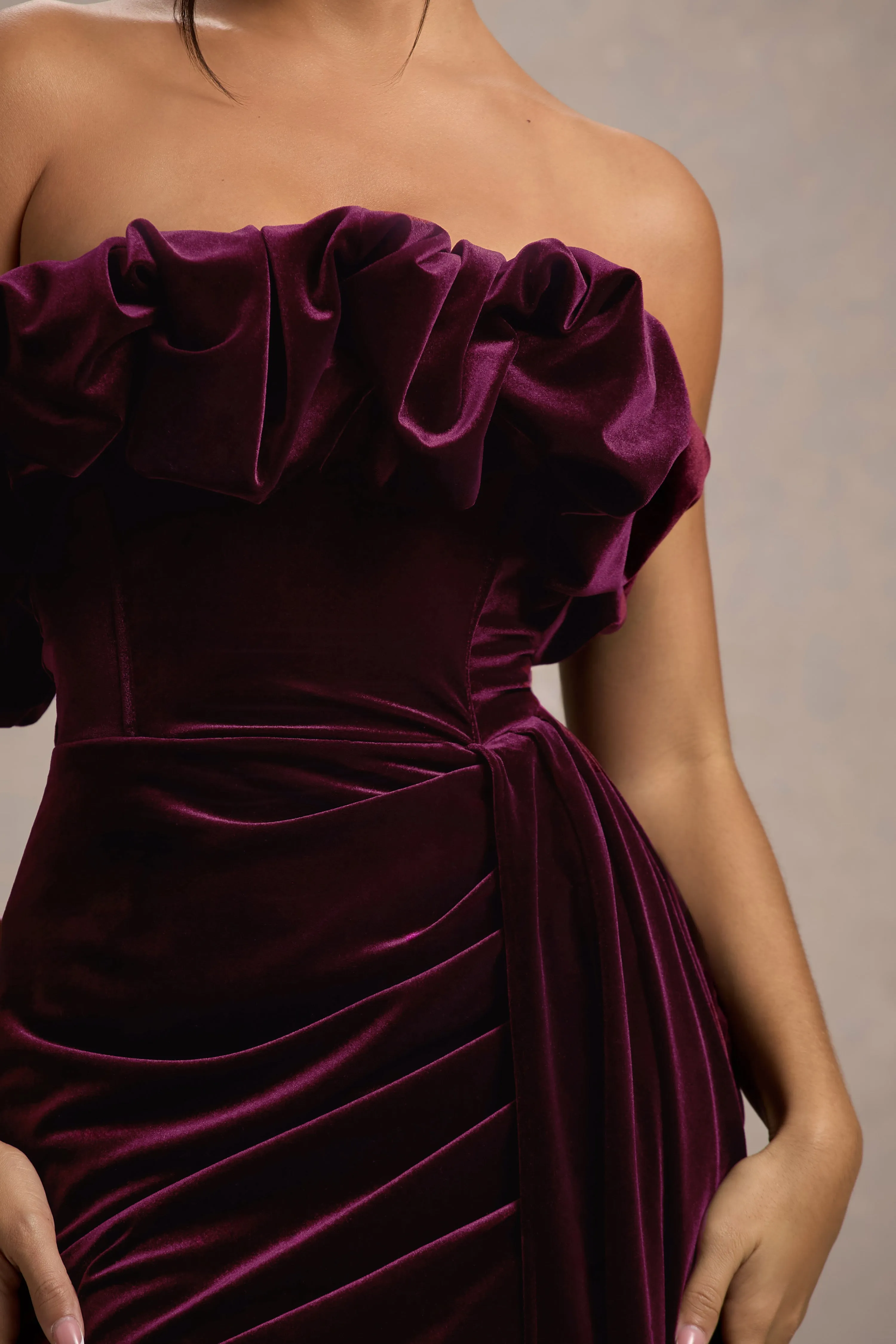 Ceronne | Plum Velvet Bandeau Mini Dress With Drape Club L London