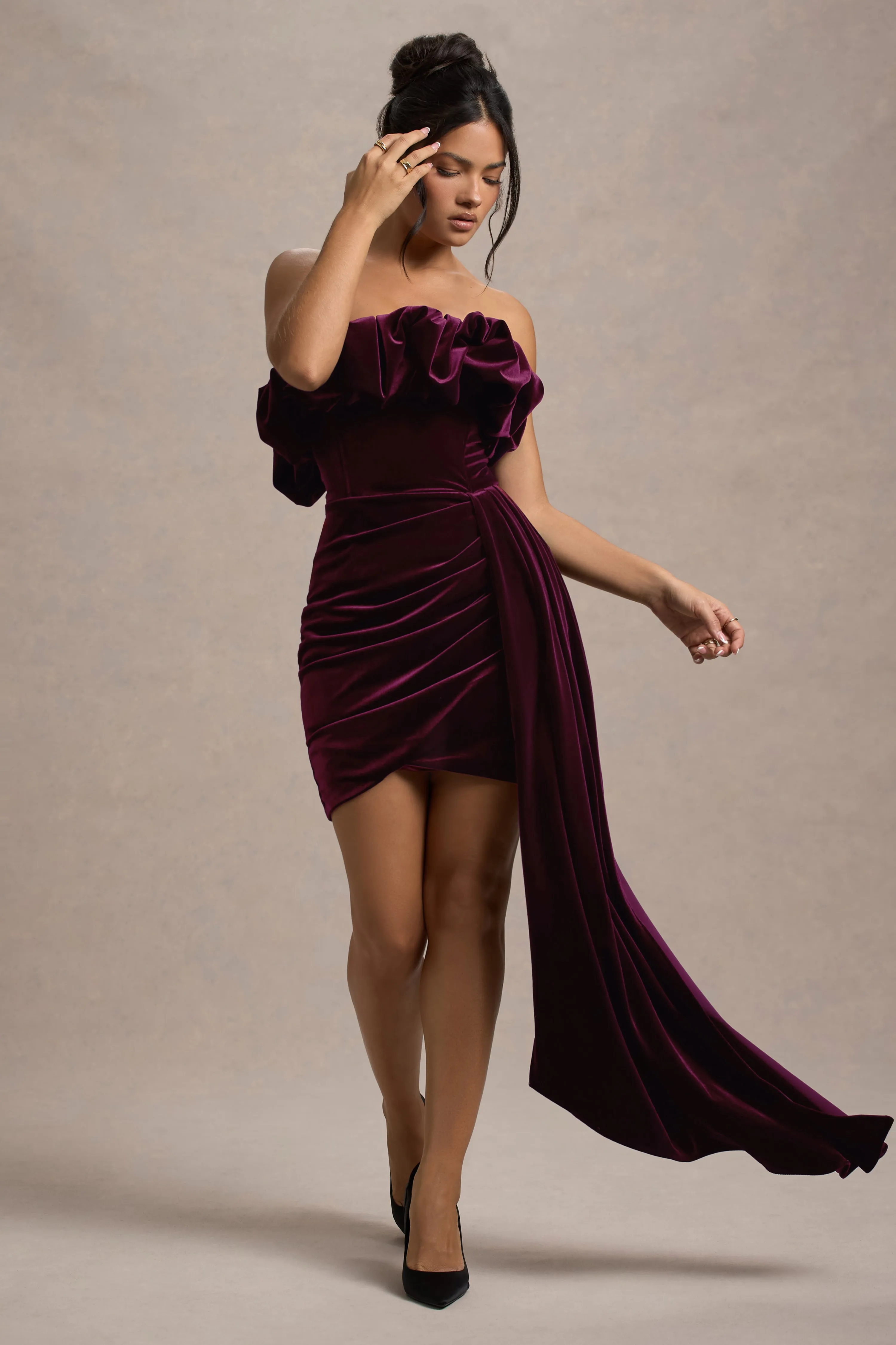 Ceronne | Plum Velvet Bandeau Mini Dress With Drape Club L London