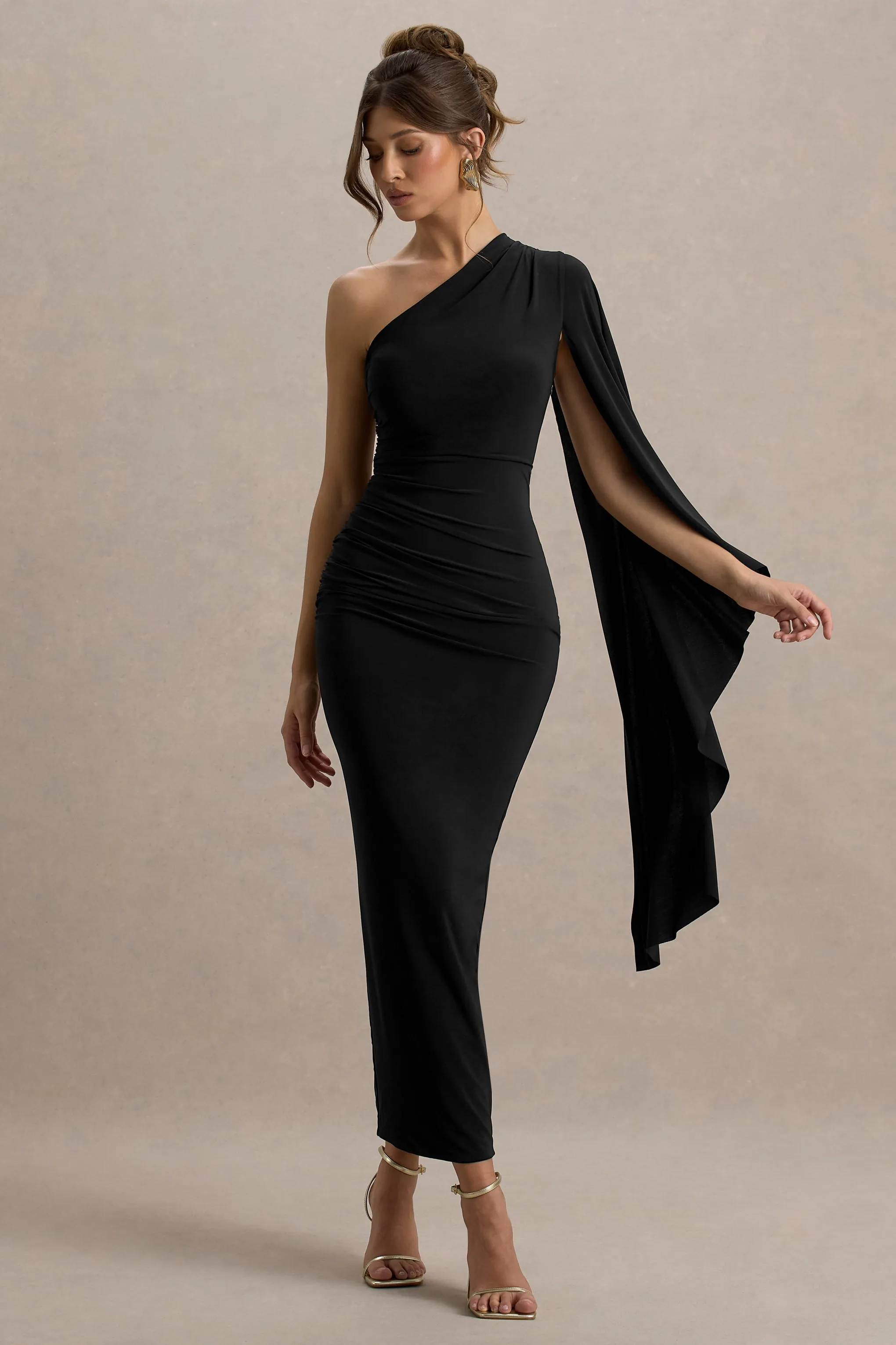 Clementina | Black Asymmetric Cape Sleeve Maxi Dress Club L London