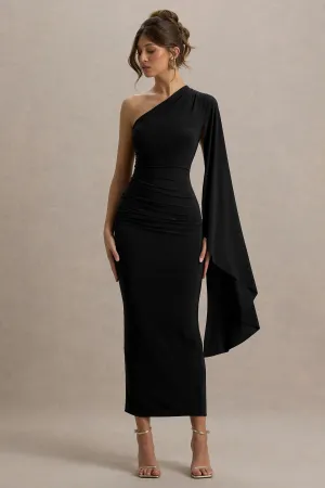 Clementina | Black Asymmetric Cape Sleeve Maxi Dress Club L London