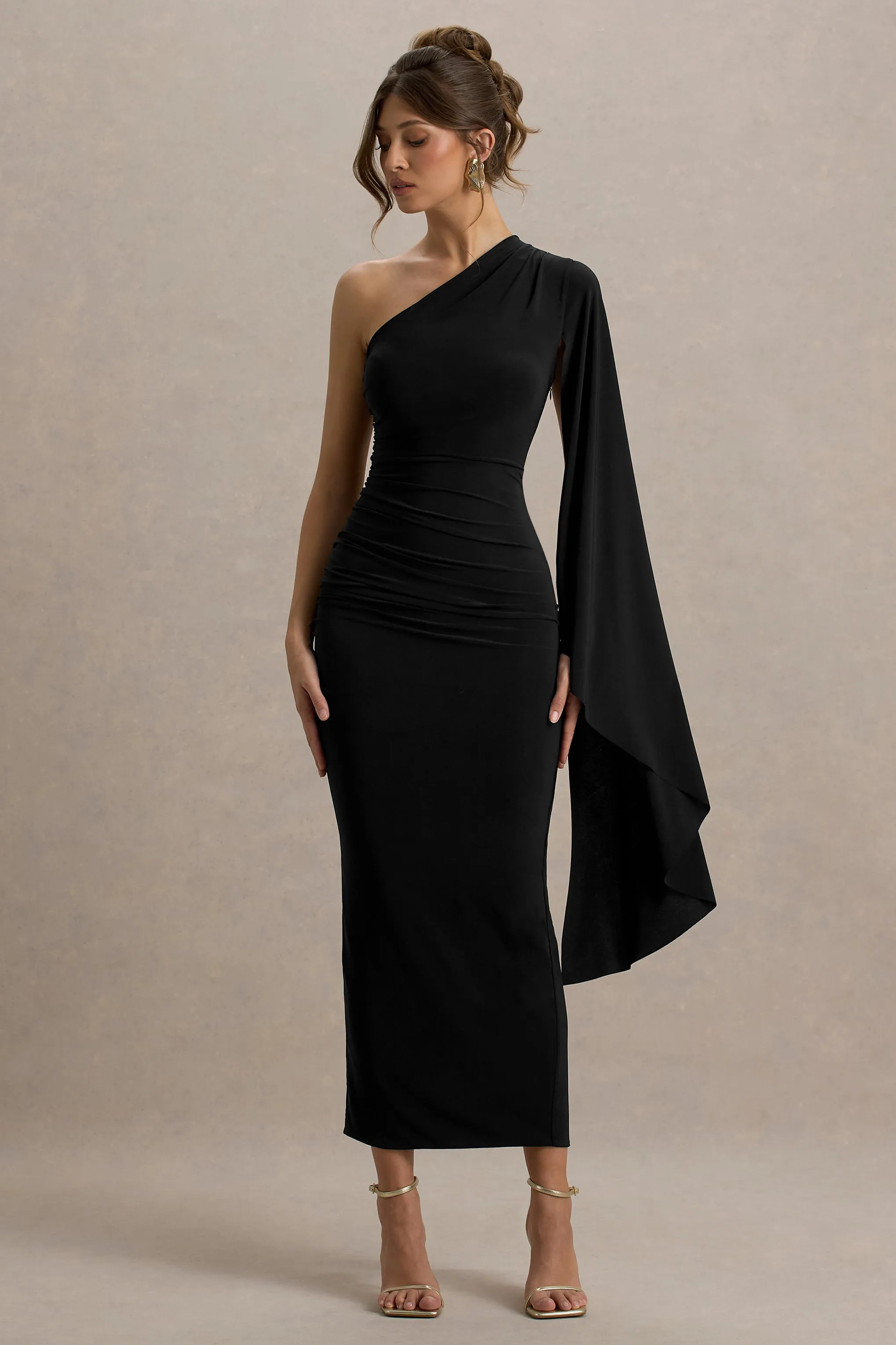 Clementina | Black Asymmetric Cape Sleeve Maxi Dress Club L London