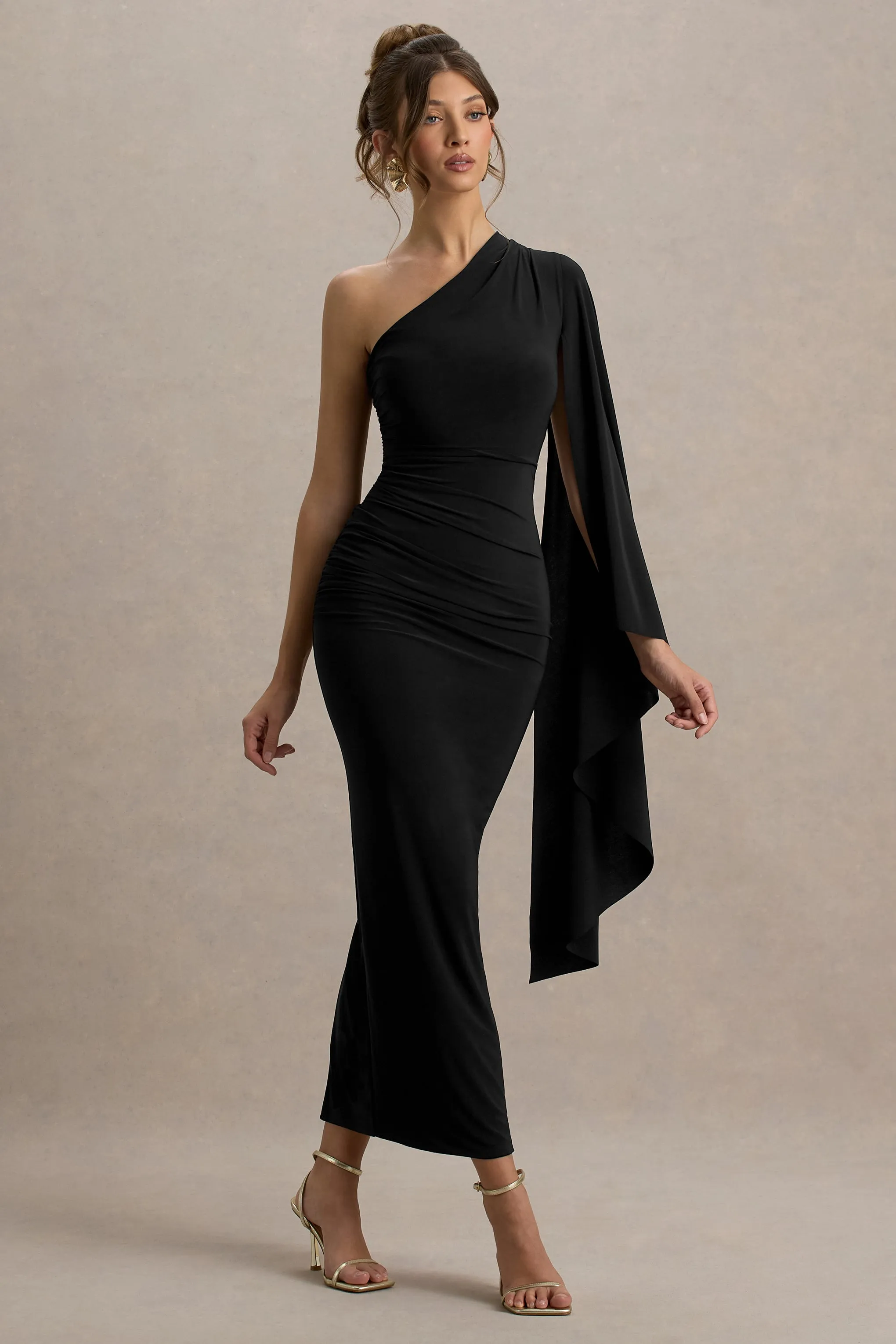 Clementina | Black Asymmetric Cape Sleeve Maxi Dress Club L London