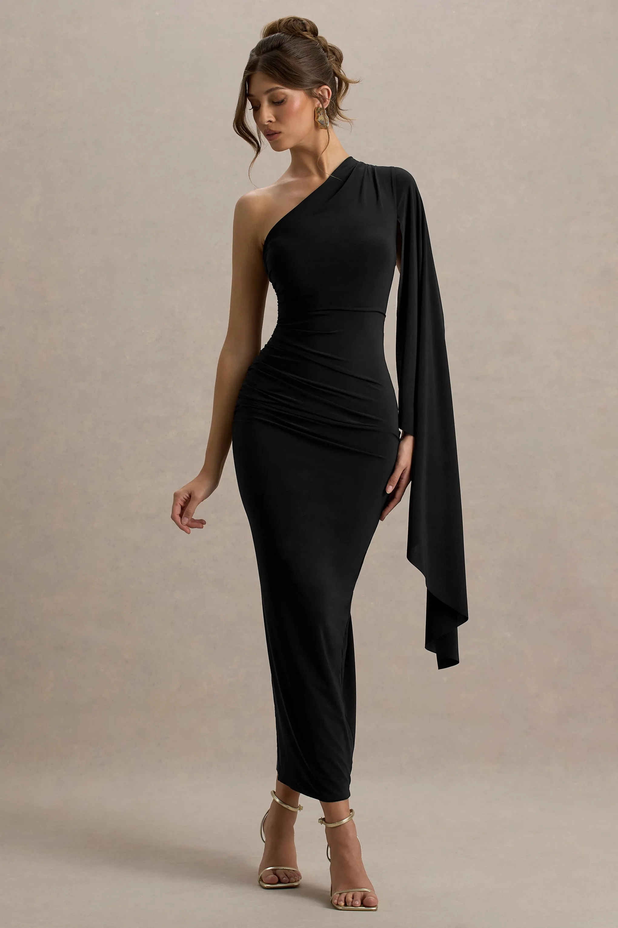 Clementina | Black Asymmetric Cape Sleeve Maxi Dress Club L London