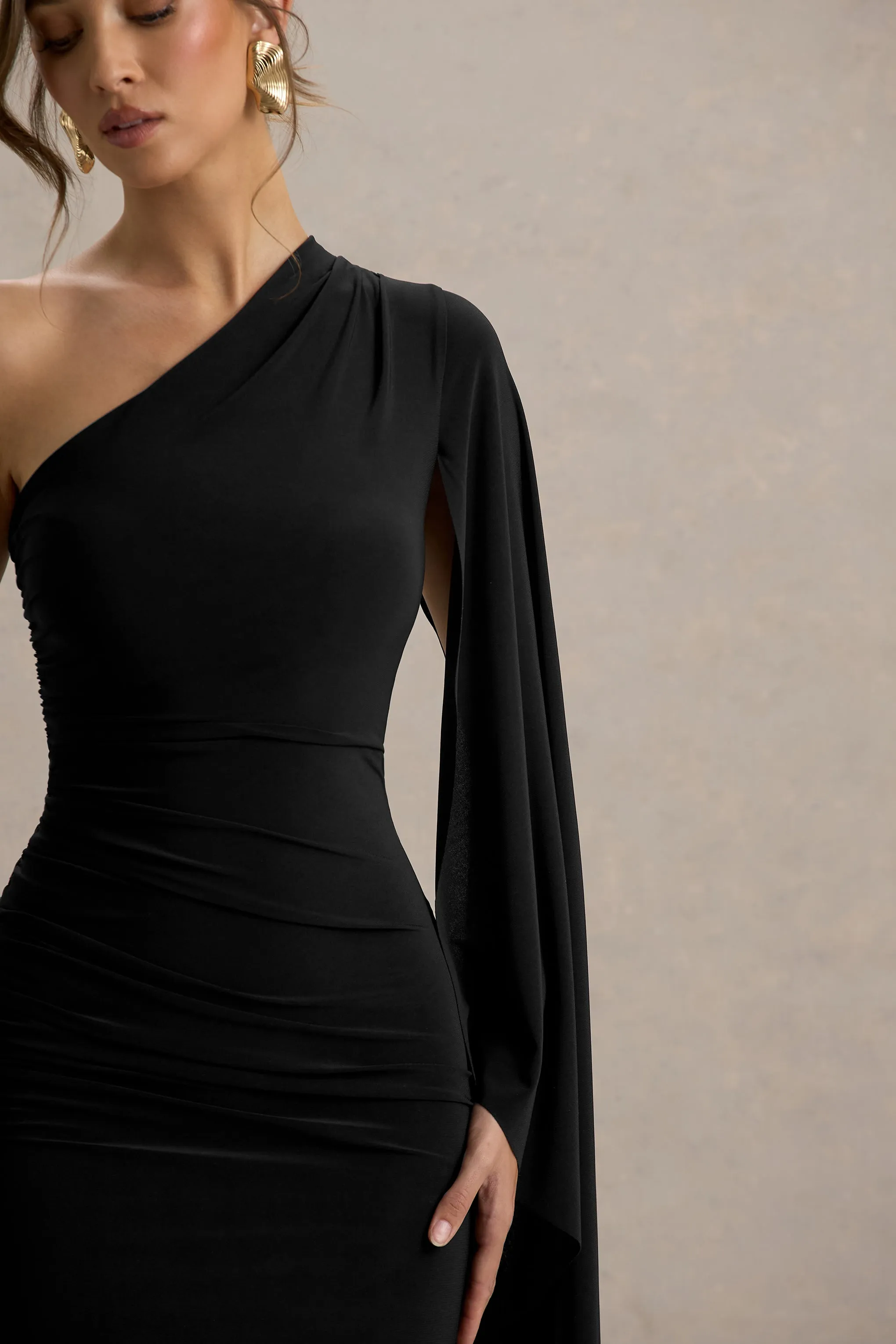 Clementina | Black Asymmetric Cape Sleeve Maxi Dress Club L London