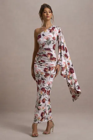 Clementina | Cream Floral Print Asymmetric Cape Sleeve Maxi Dress Club L London