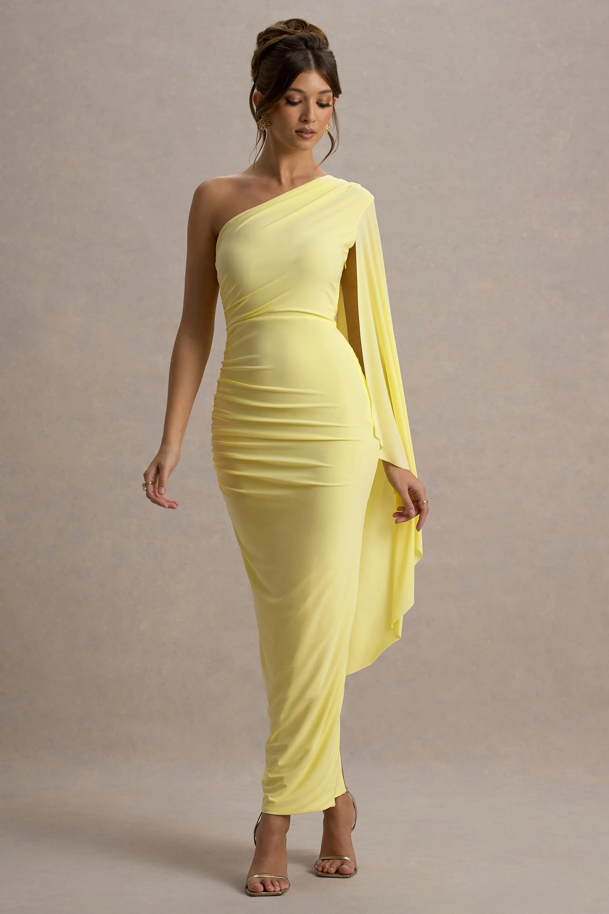Clementina | Lemon Asymmetric Cape Sleeve Maxi Dress Club L London