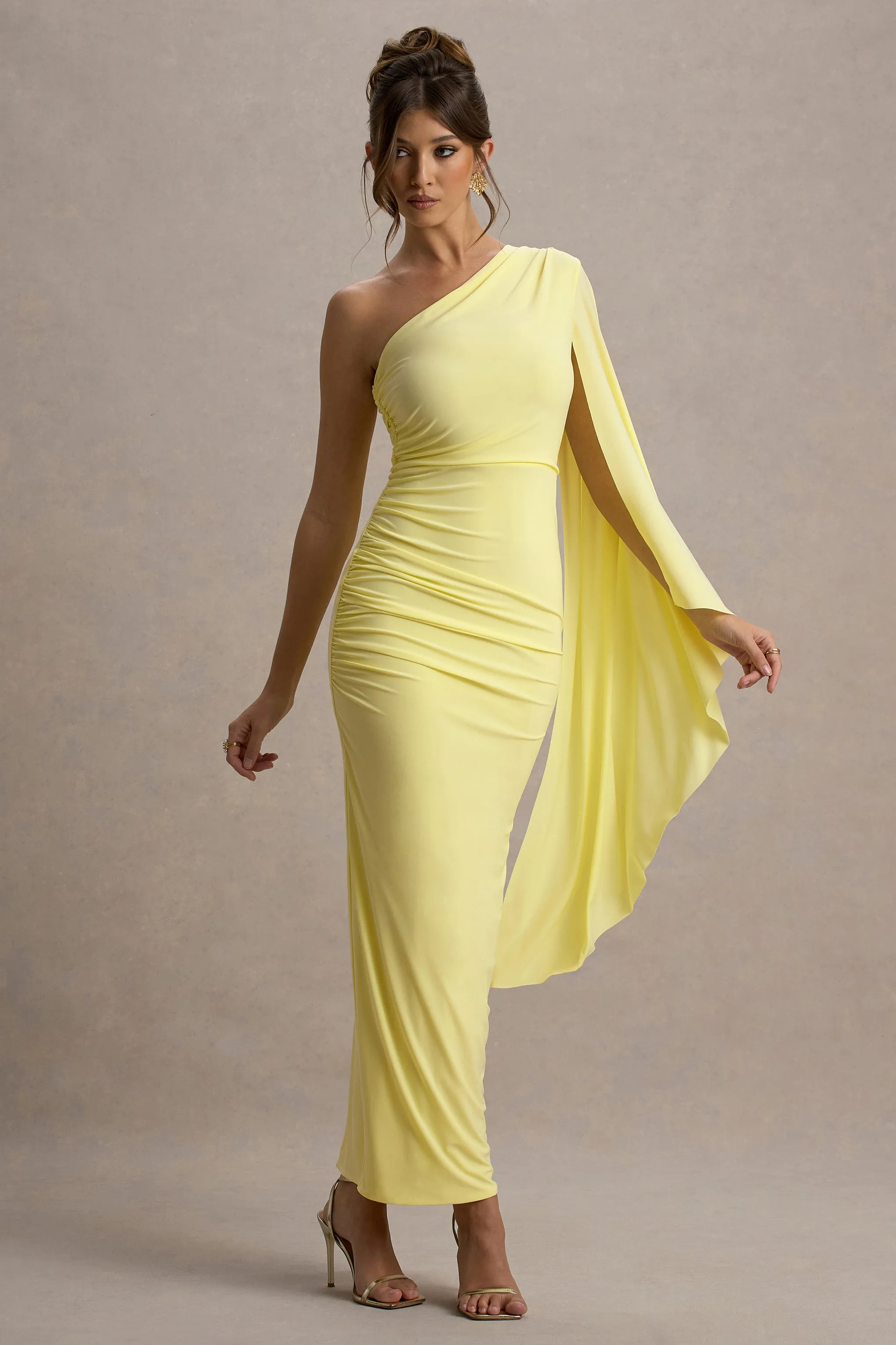 Clementina | Lemon Asymmetric Cape Sleeve Maxi Dress Club L London
