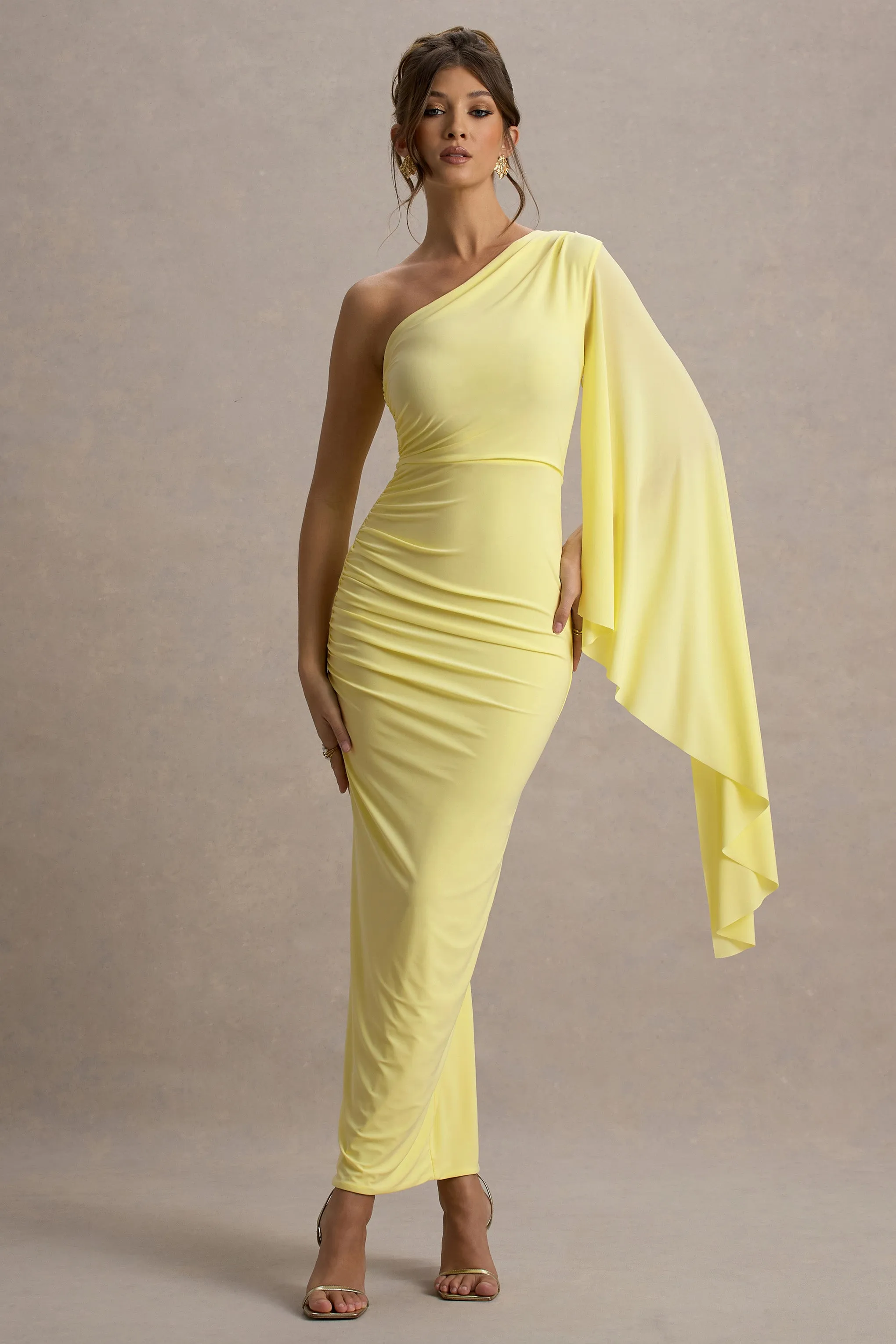 Clementina | Lemon Asymmetric Cape Sleeve Maxi Dress Club L London