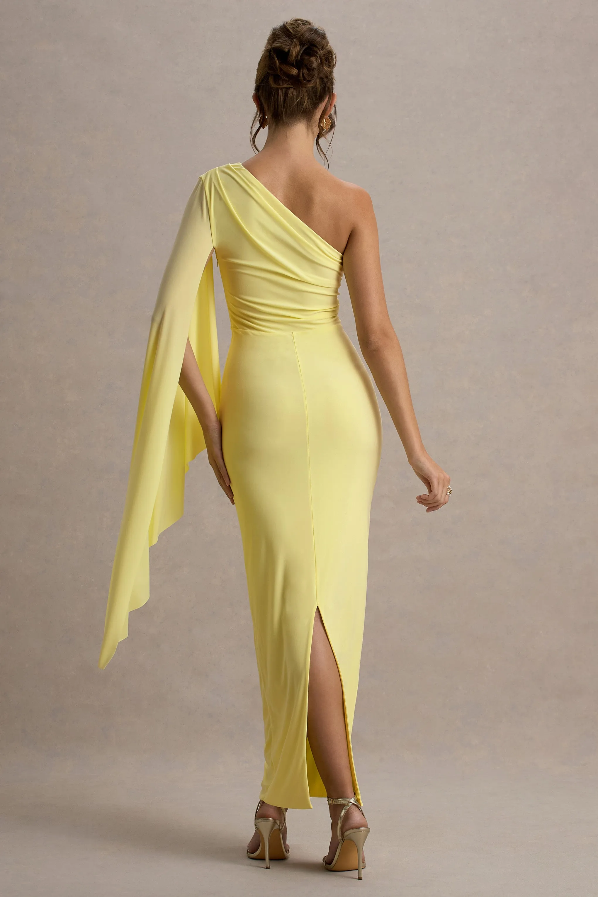 Clementina | Lemon Asymmetric Cape Sleeve Maxi Dress Club L London
