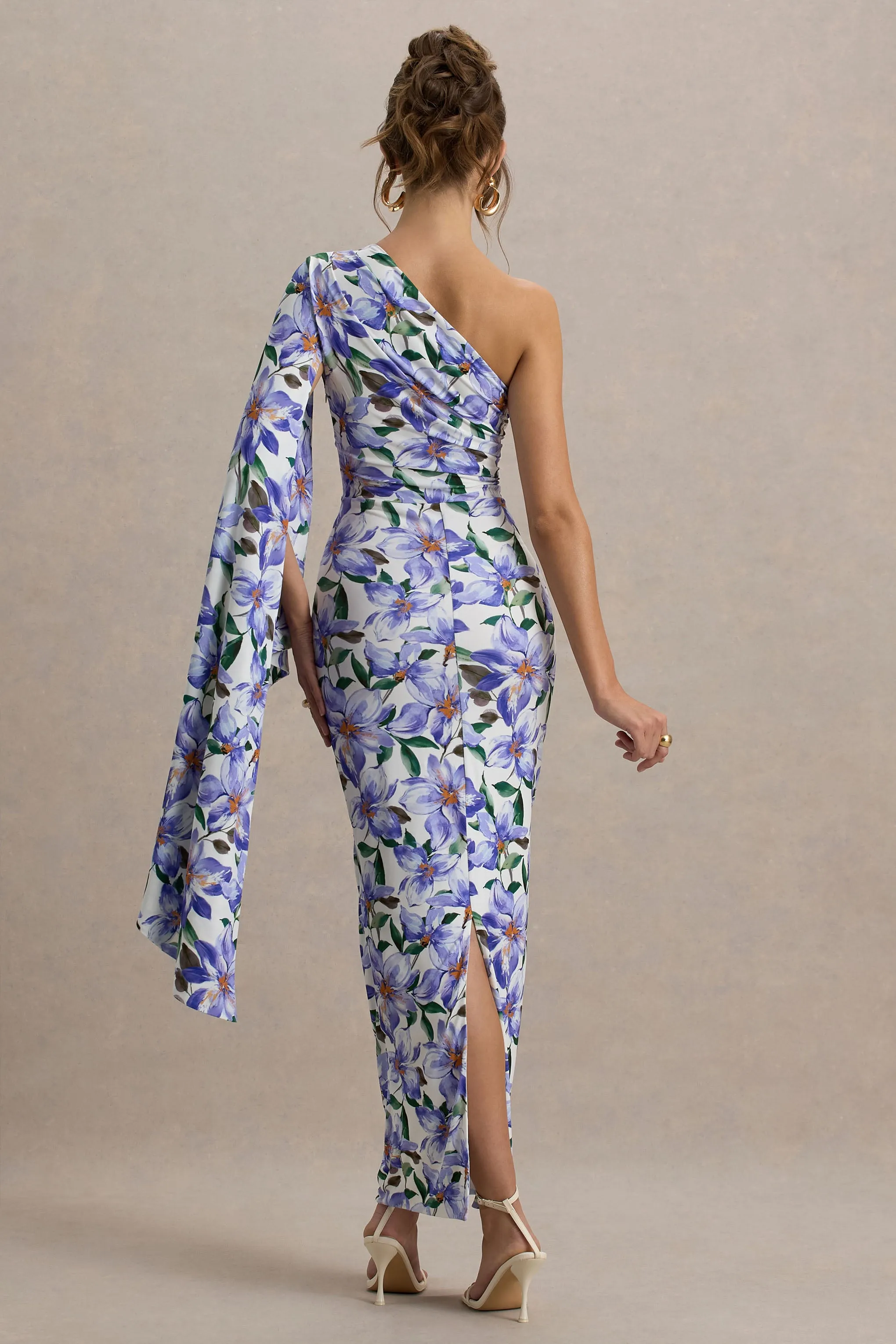 Clementina | Purple Lily Print Asymmetric Cape Sleeve Maxi Dress Club L London