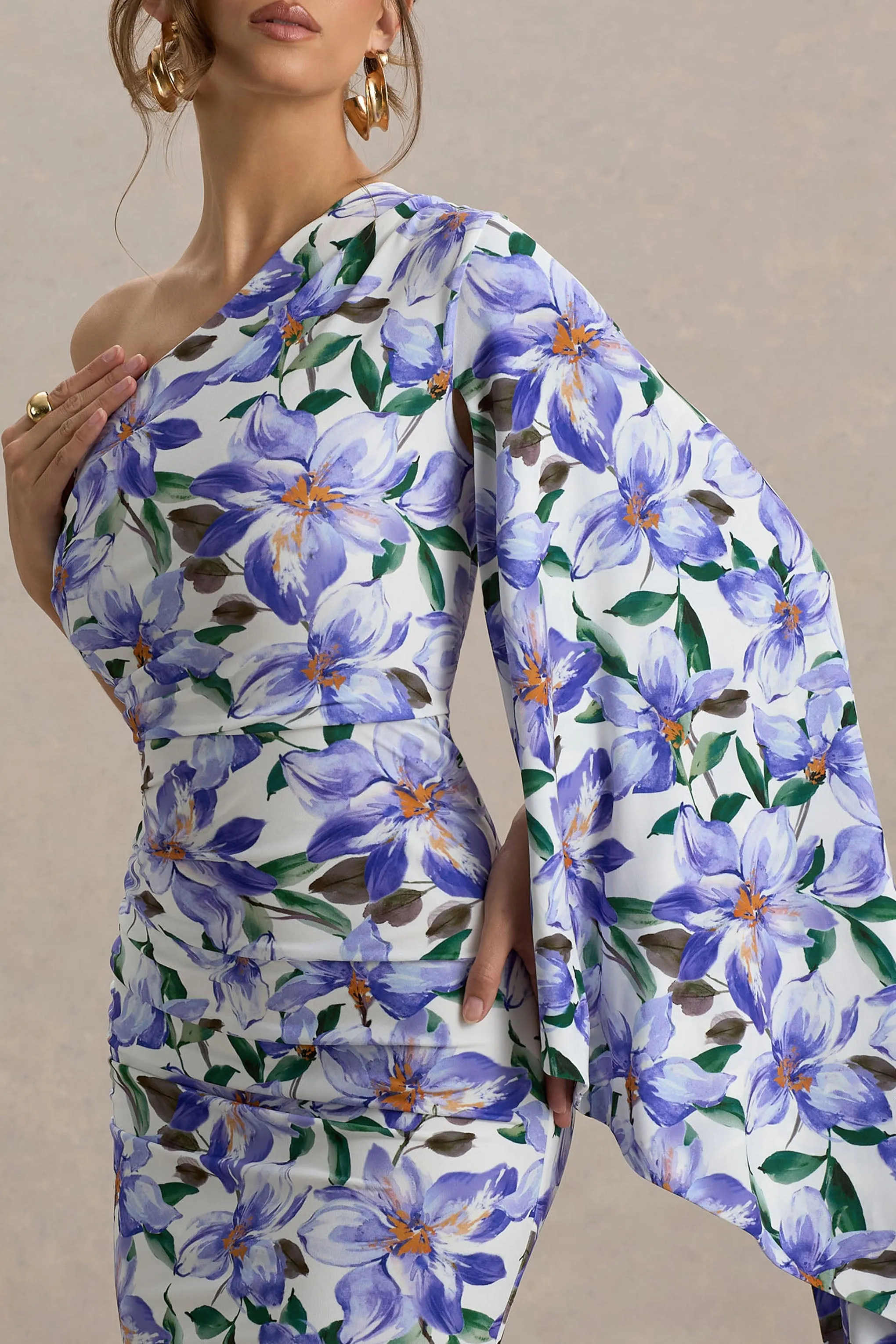 Clementina | Purple Lily Print Asymmetric Cape Sleeve Maxi Dress Club L London