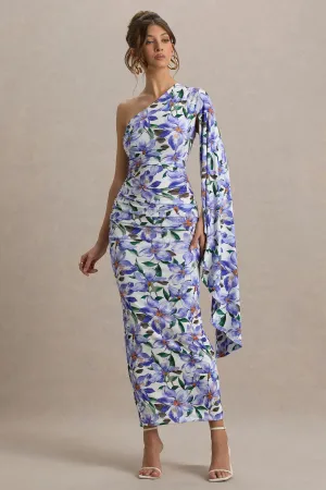 Clementina | Purple Lily Print Asymmetric Cape Sleeve Maxi Dress Club L London
