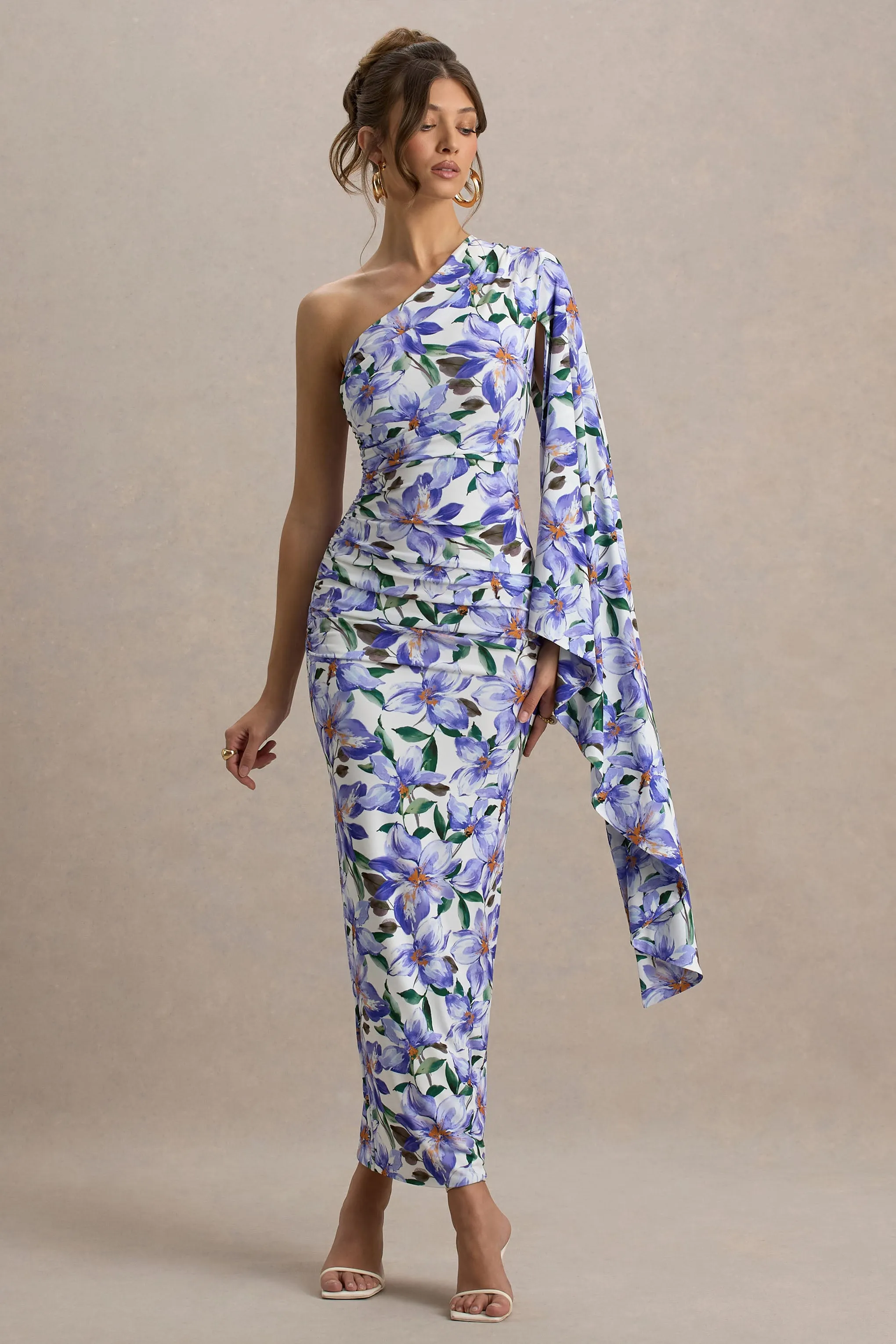 Clementina | Purple Lily Print Asymmetric Cape Sleeve Maxi Dress Club L London