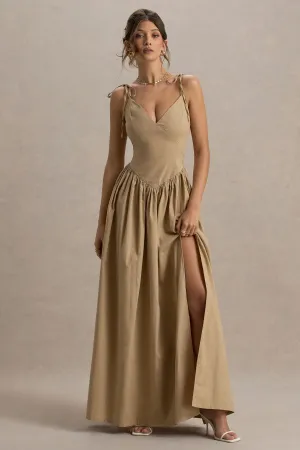 Comet | Tan Linen Maxi Dress with Plunge Neckline and Front High Split Club L London