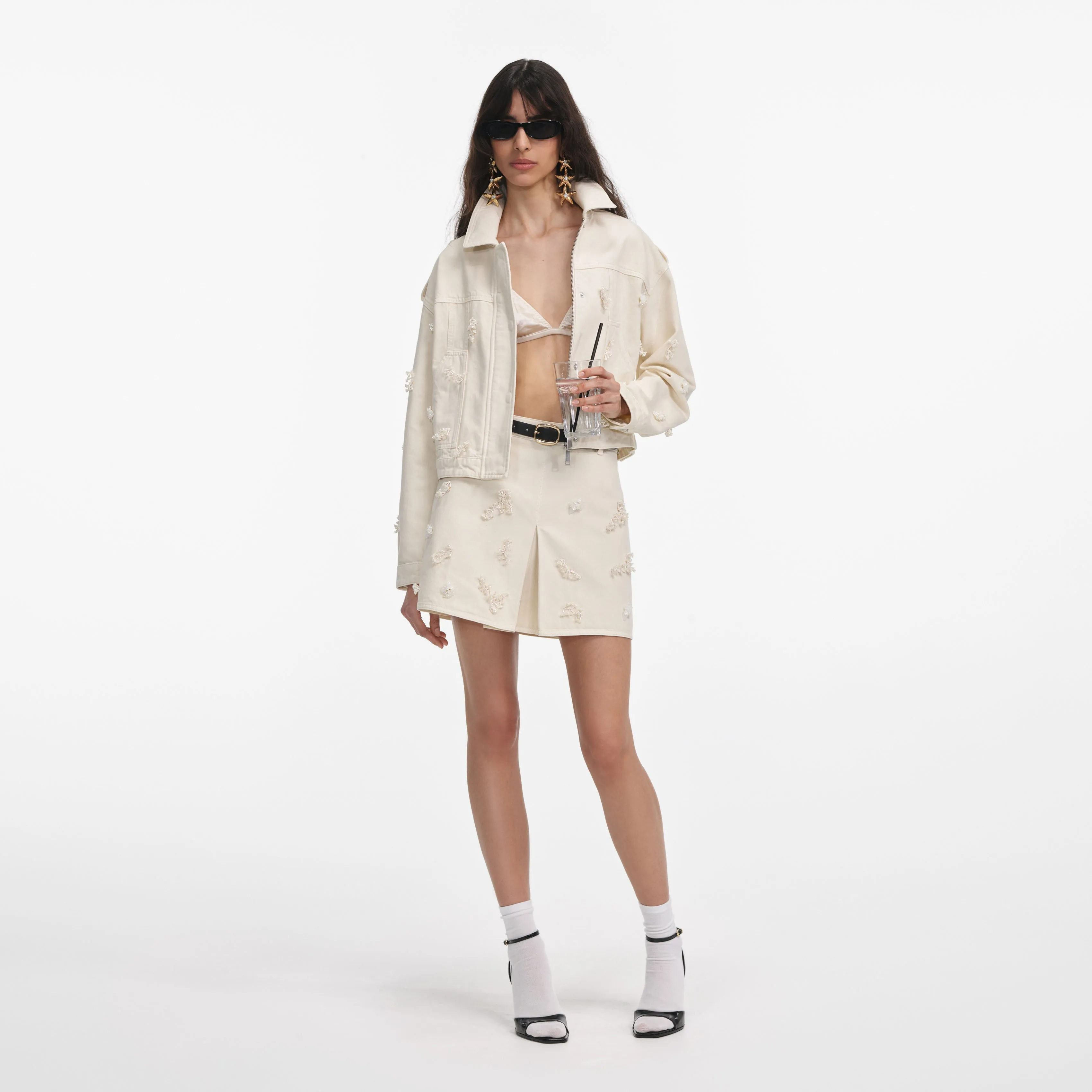 Cream Denim Beaded Floral Jacket Self Portrait