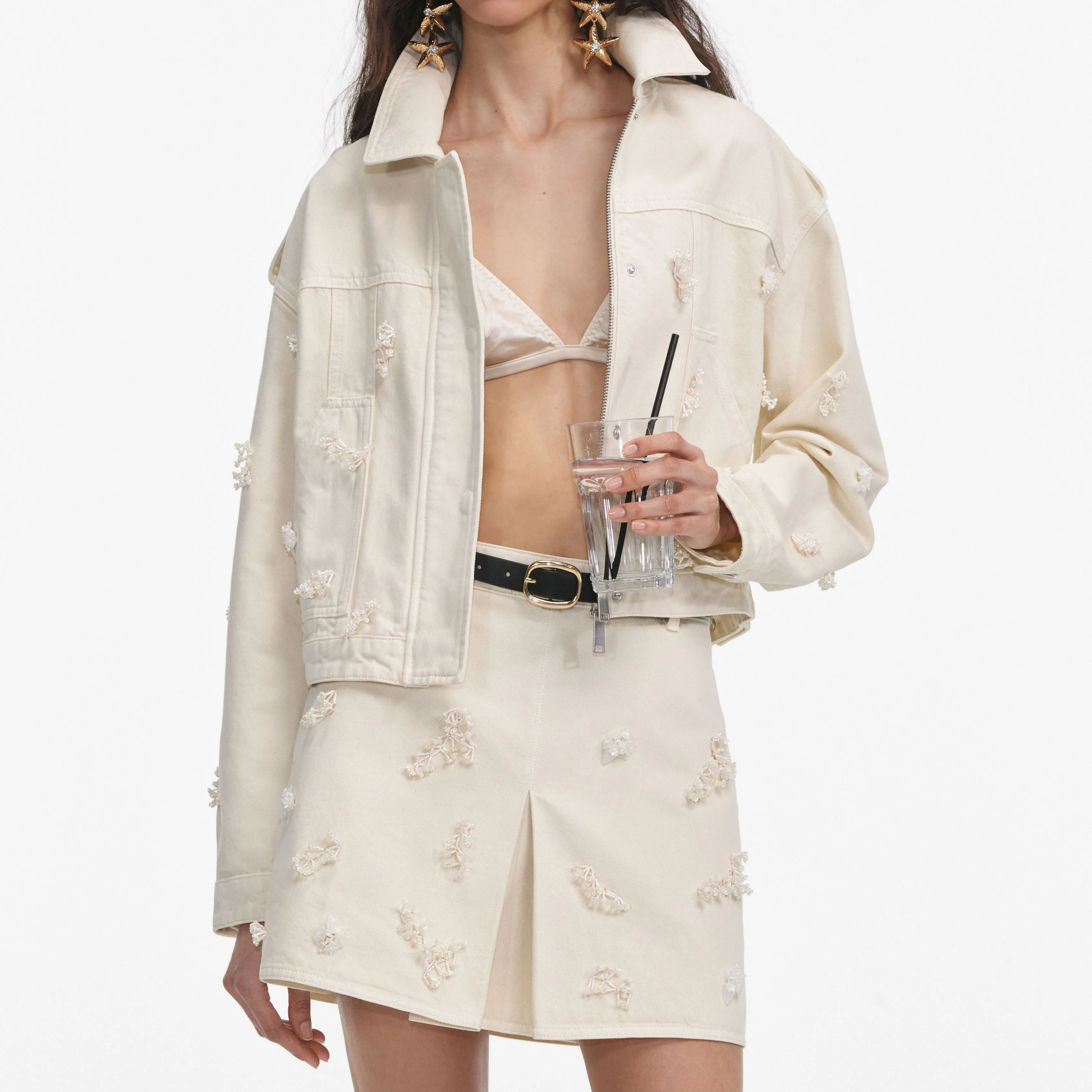 Cream Denim Beaded Floral Mini Skirt Self Portrait