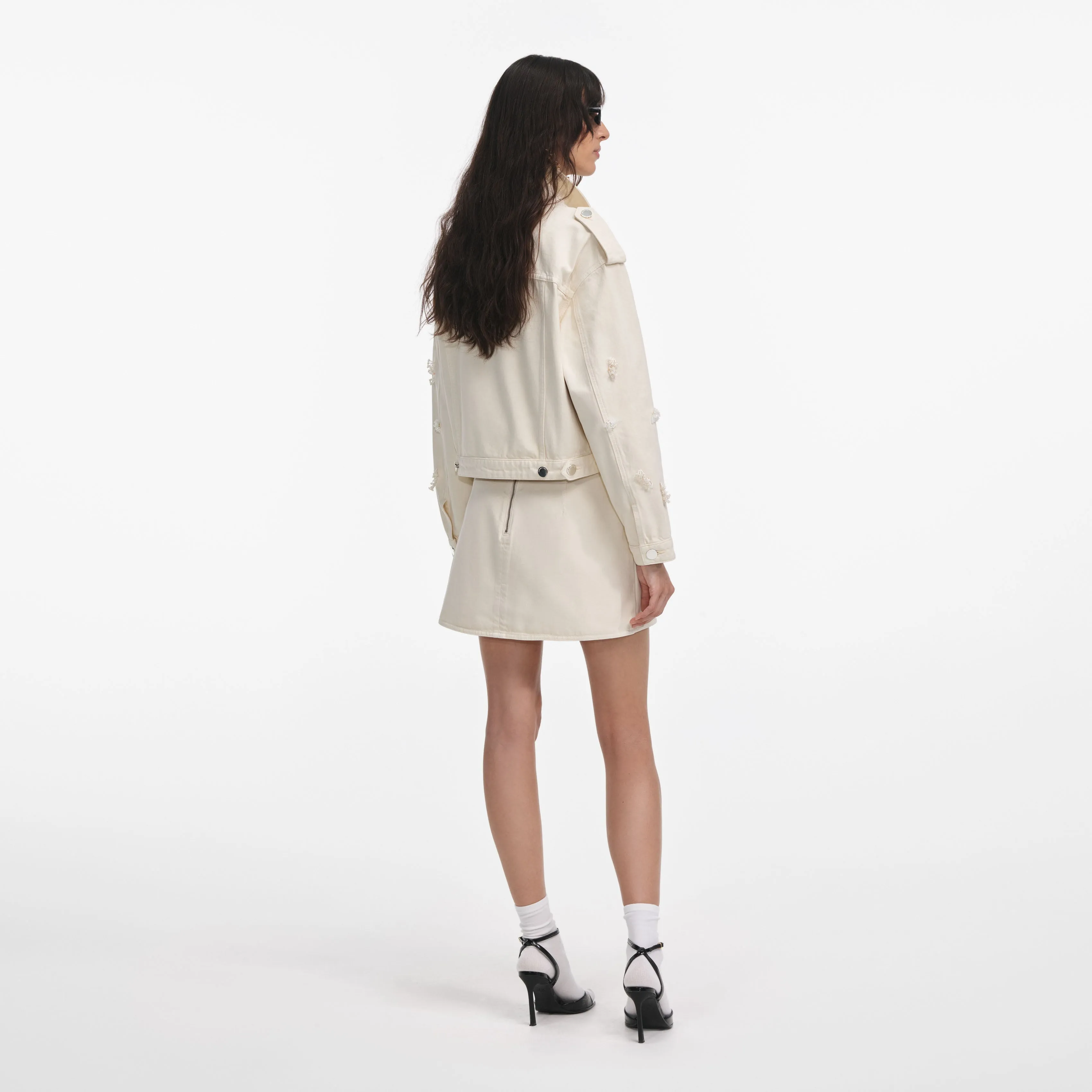 Cream Denim Beaded Floral Mini Skirt Self Portrait