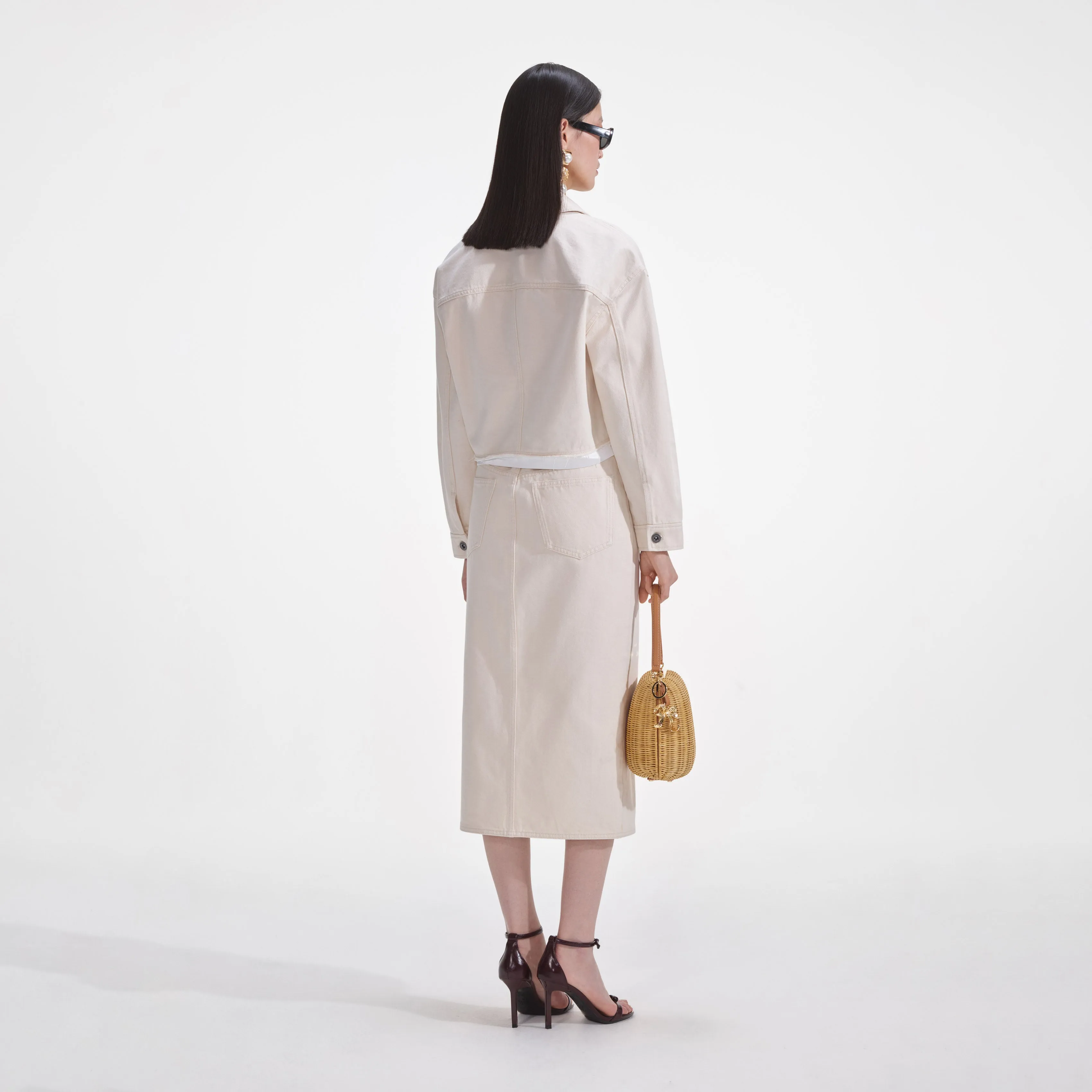 Cream Denim Midi Skirt Self Portrait