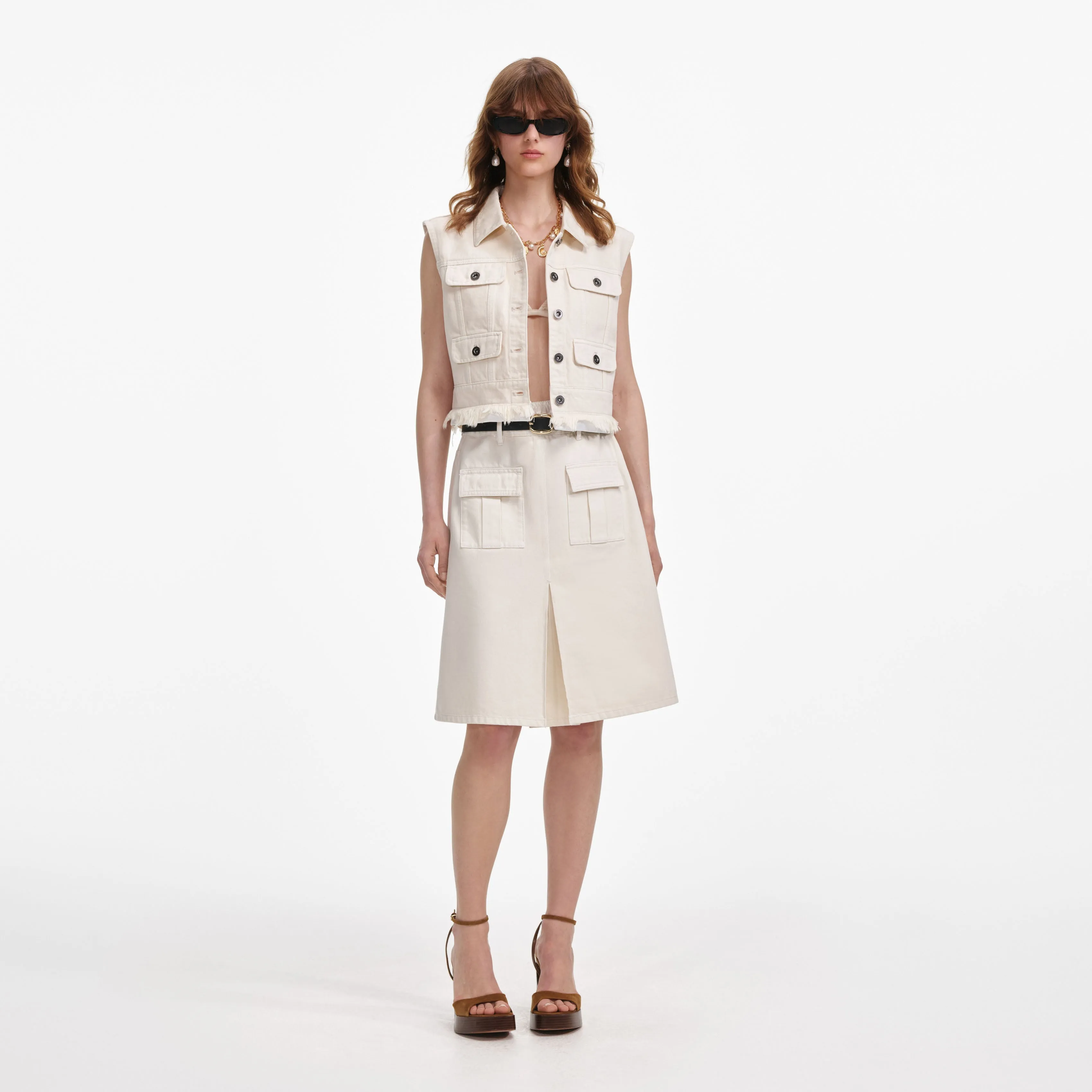 Cream Denim Midi Skirt Self Portrait