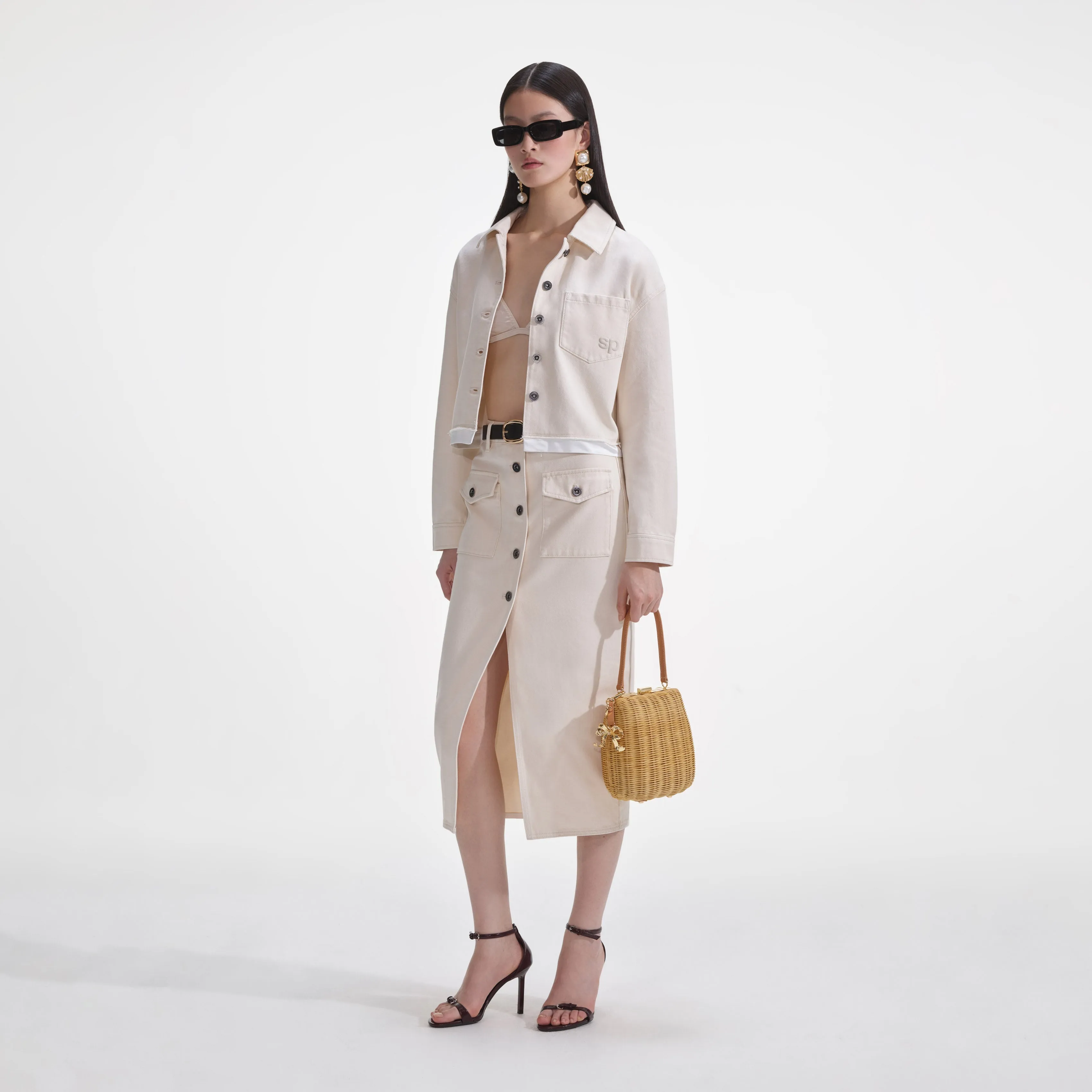 Cream Denim Midi Skirt Self Portrait