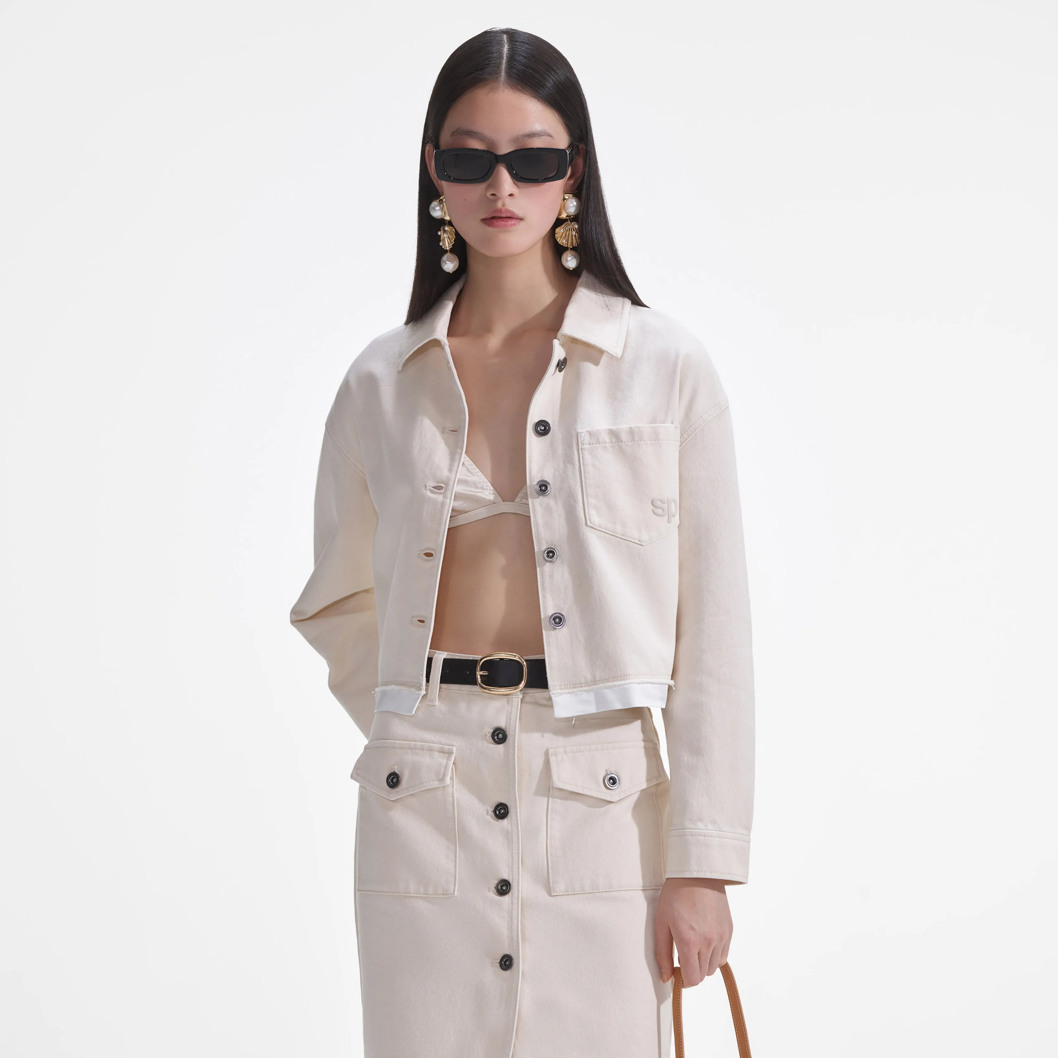 Cream Denim Midi Skirt Self Portrait