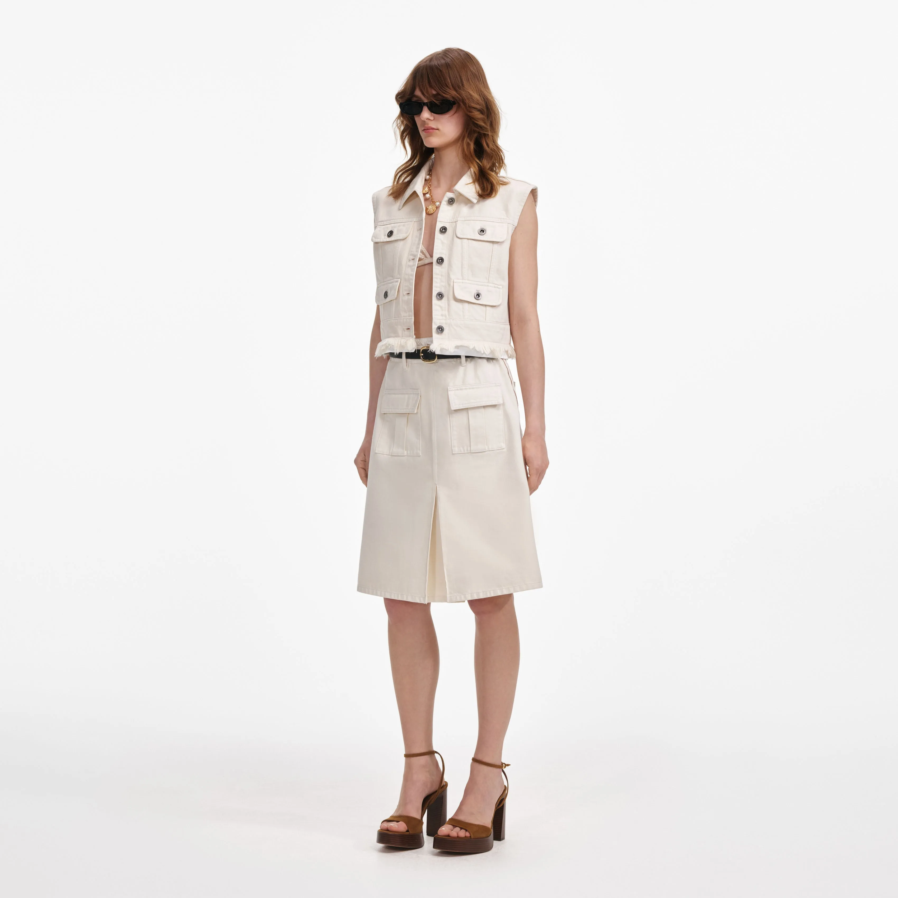 Cream Denim Midi Skirt Self Portrait