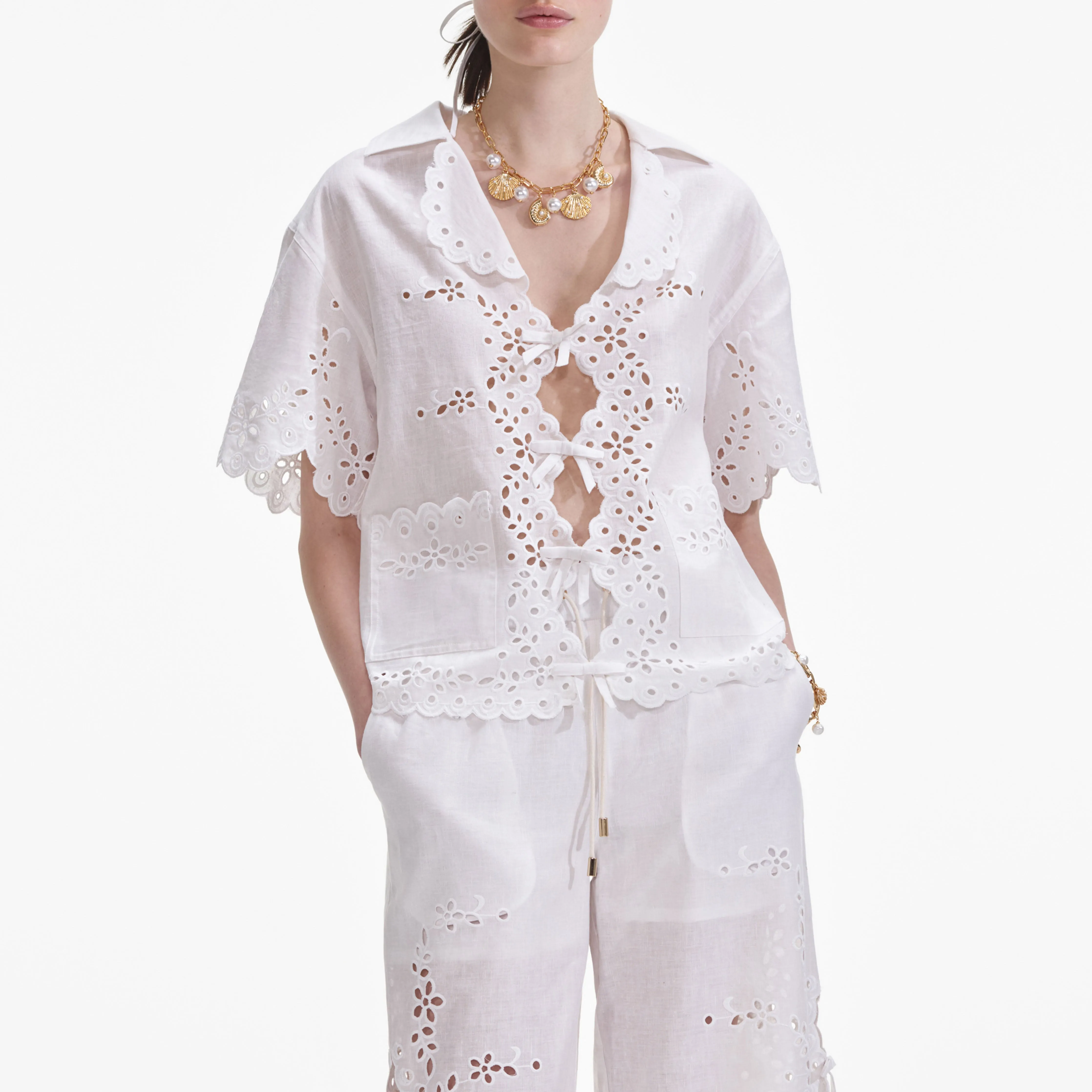 Cream Linen Embroidered Shirt Self Portrait