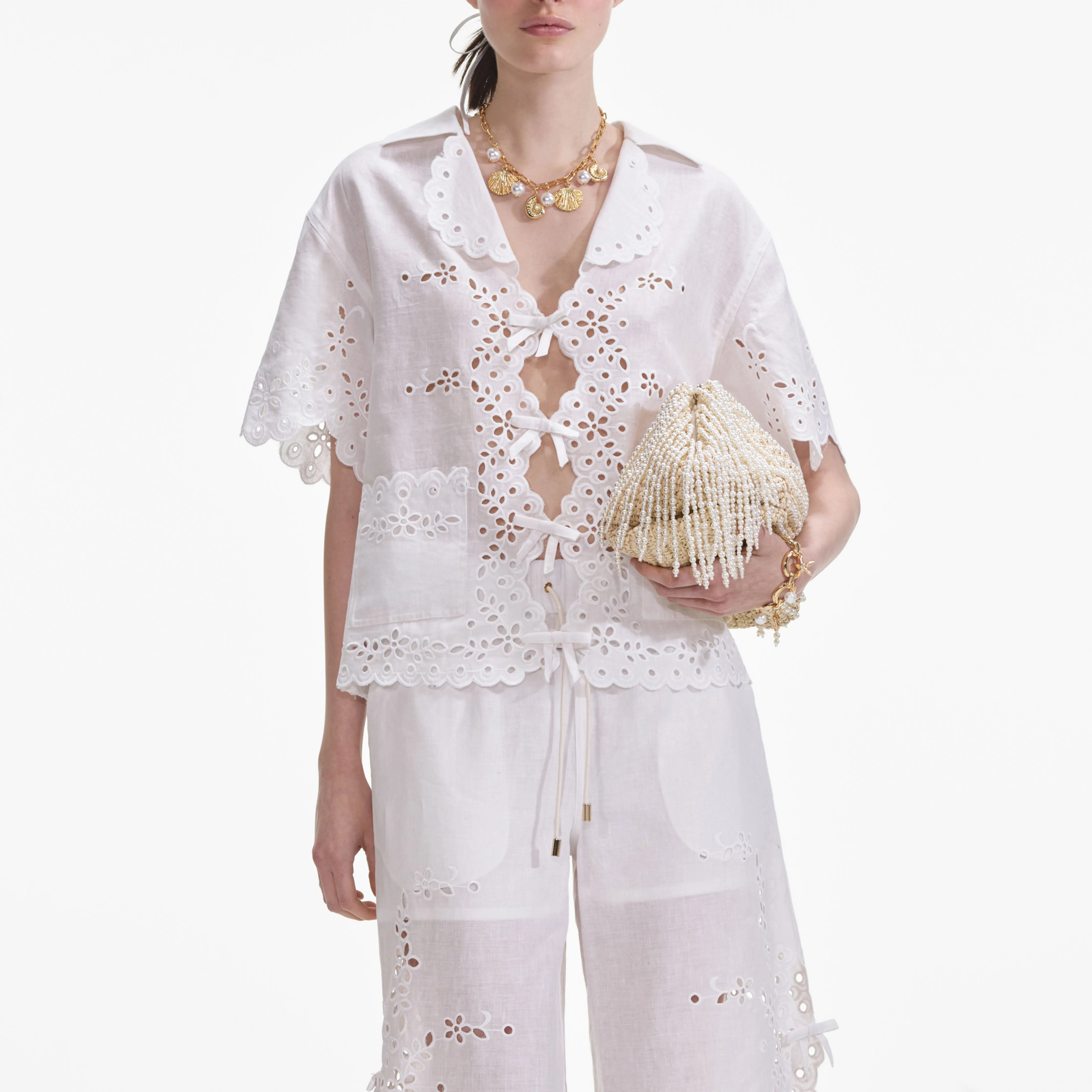 Cream Linen Embroidered Trousers Self Portrait