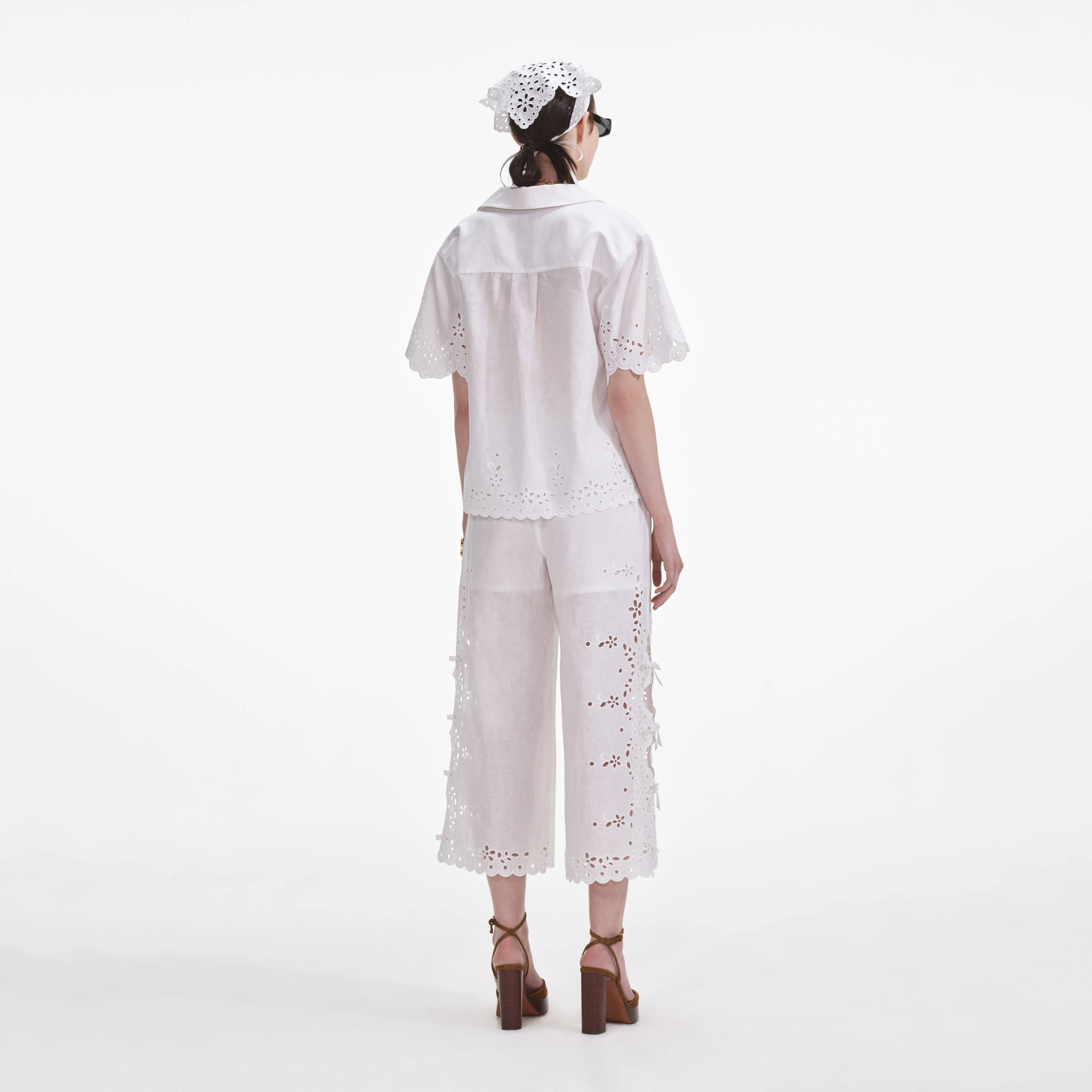 Cream Linen Embroidered Trousers Self Portrait