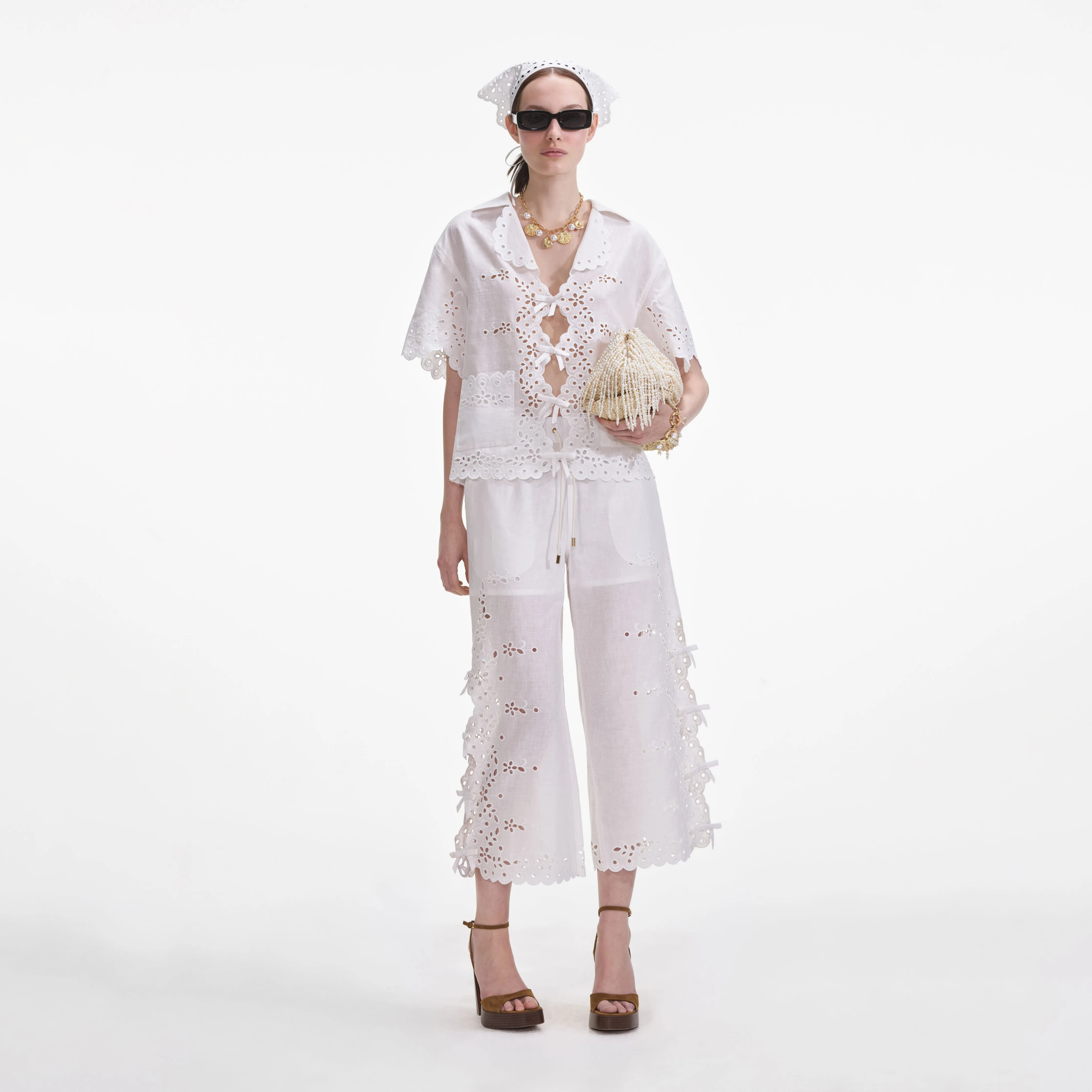 Cream Linen Embroidered Trousers Self Portrait